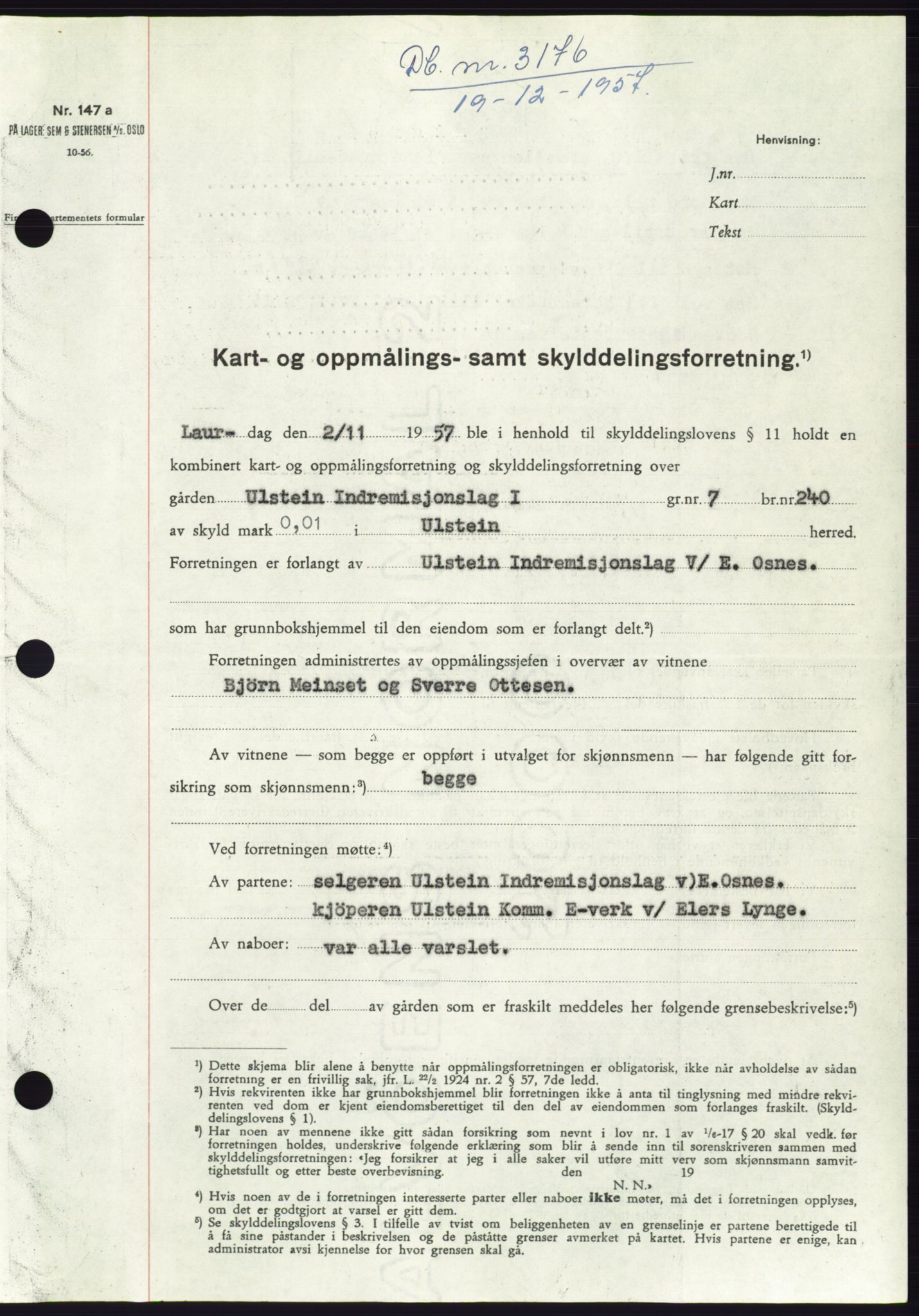 Søre Sunnmøre sorenskriveri, SAT/A-4122/1/2/2C/L0108: Pantebok nr. 34A, 1957-1958, Dagboknr: 3176/1957