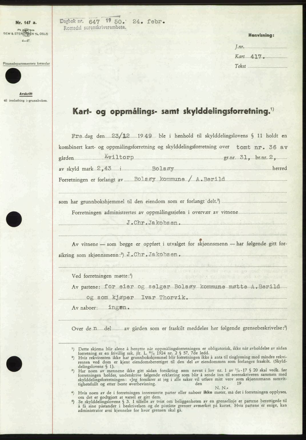 Romsdal sorenskriveri, SAT/A-4149/1/2/2C: Pantebok nr. A32, 1950-1950, Dagboknr: 647/1950