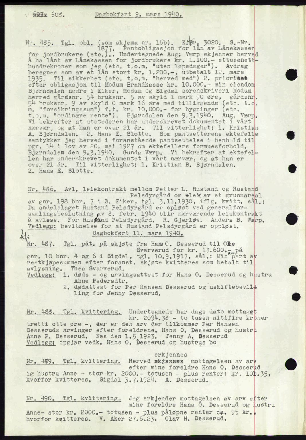 Eiker, Modum og Sigdal sorenskriveri, SAKO/A-123/G/Ga/Gab/L0041: Pantebok nr. A11, 1939-1940, Dagboknr: 485/1940