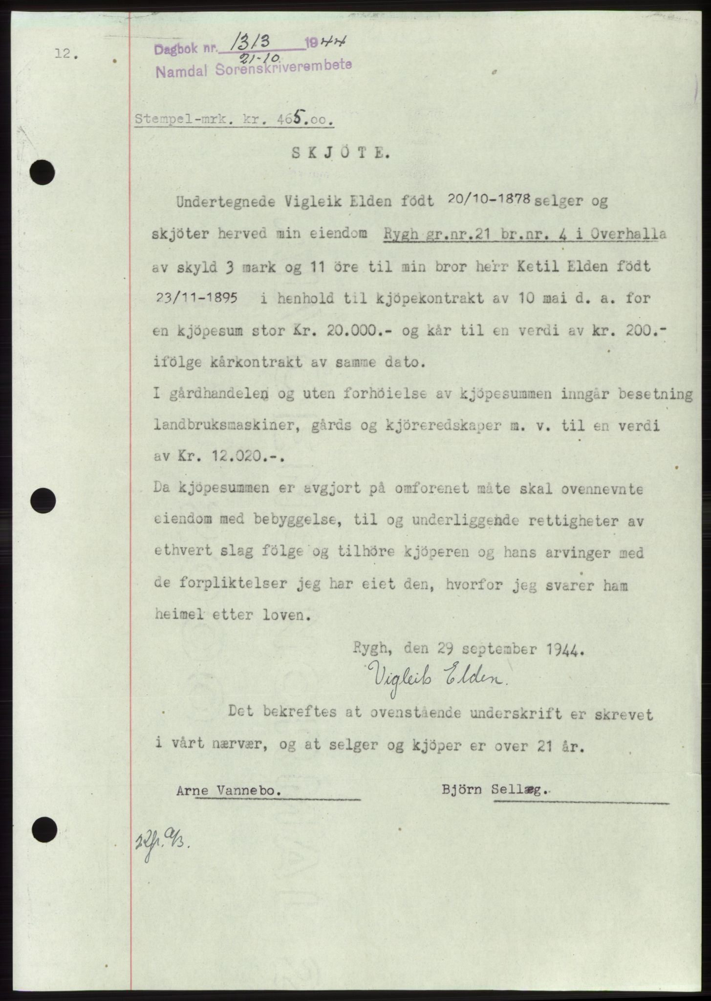Namdal sorenskriveri, SAT/A-4133/1/2/2C: Pantebok nr. -, 1944-1945, Dagboknr: 1313/1944