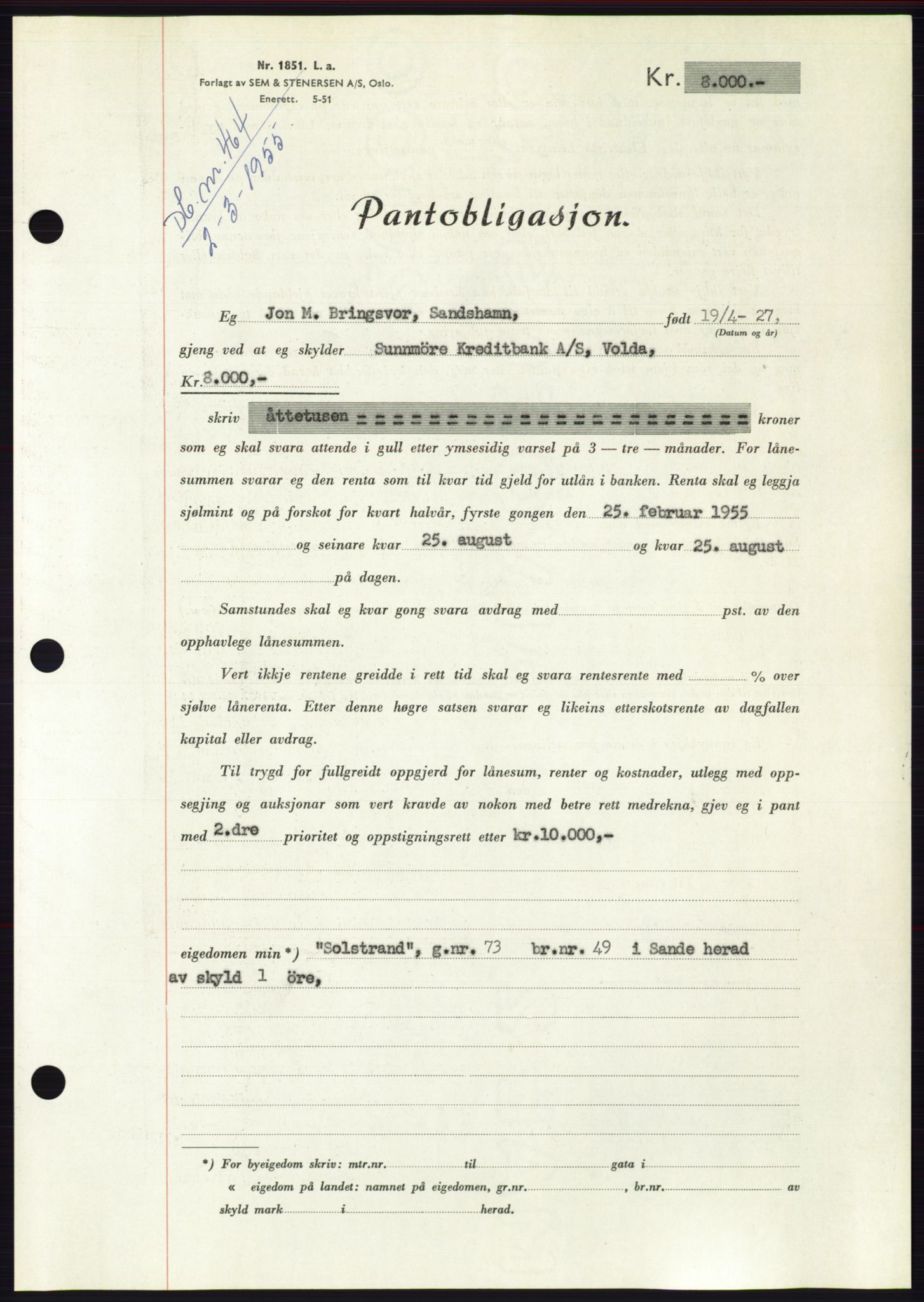 Søre Sunnmøre sorenskriveri, AV/SAT-A-4122/1/2/2C/L0126: Pantebok nr. 14B, 1954-1955, Dagboknr: 464/1955
