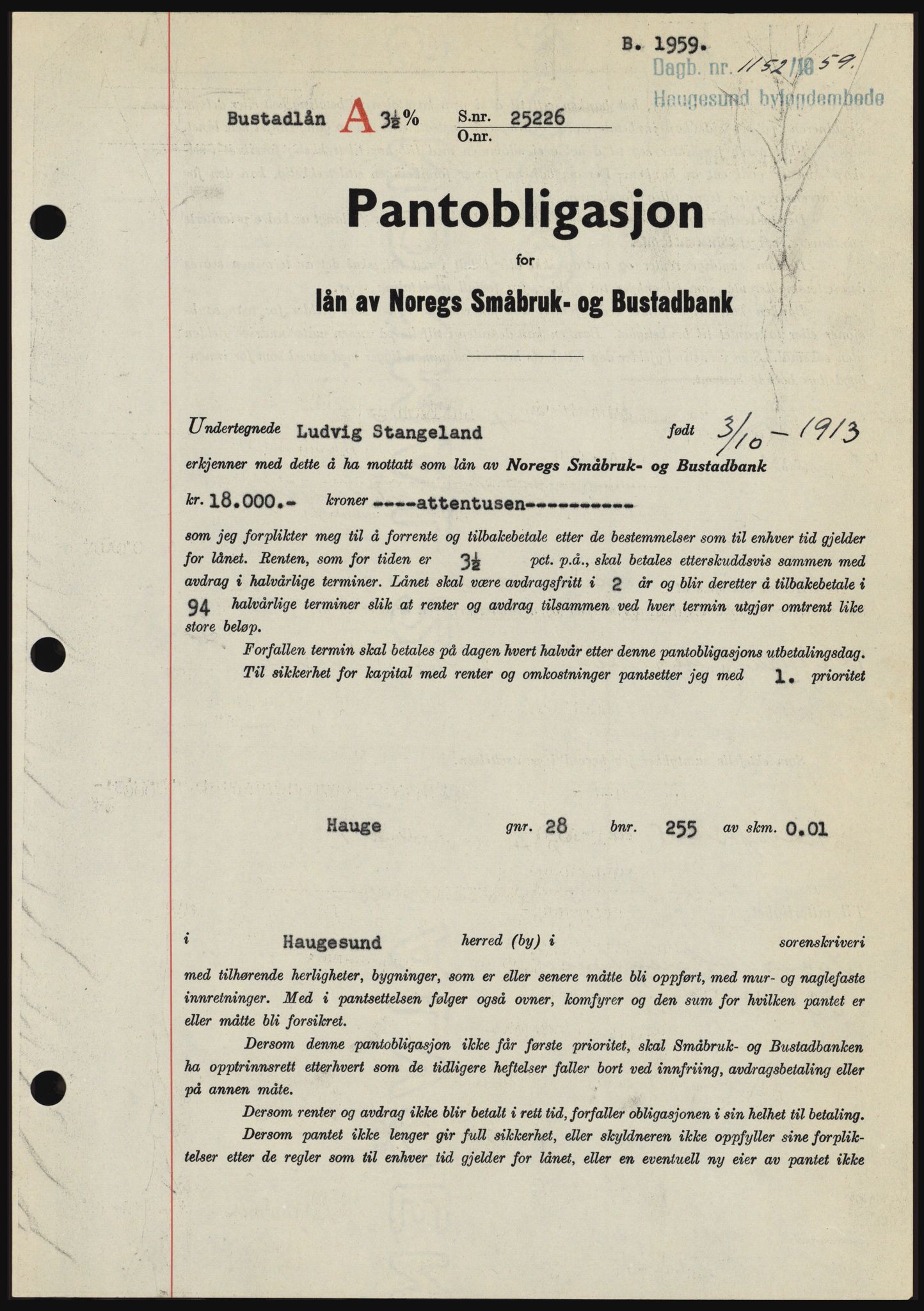 Haugesund tingrett, SAST/A-101415/01/II/IIC/L0045: Pantebok nr. B 45, 1959-1959, Dagboknr: 1152/1959