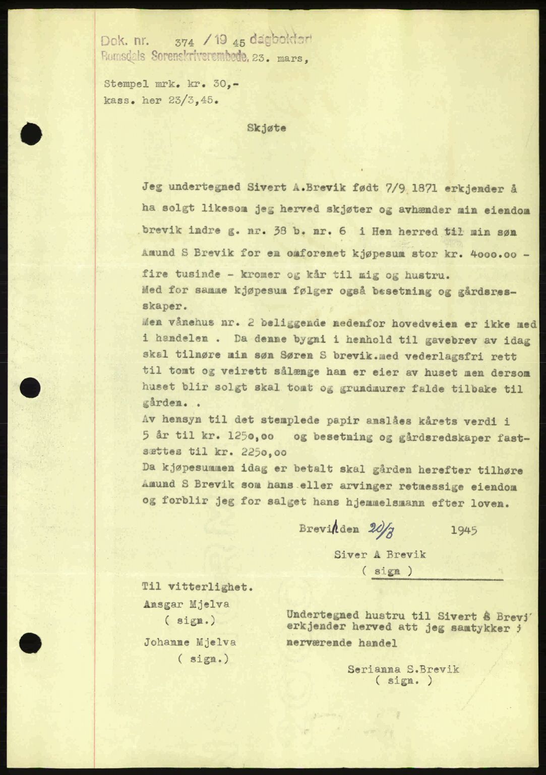 Romsdal sorenskriveri, SAT/A-4149/1/2/2C: Pantebok nr. A17, 1944-1945, Dagboknr: 374/1945