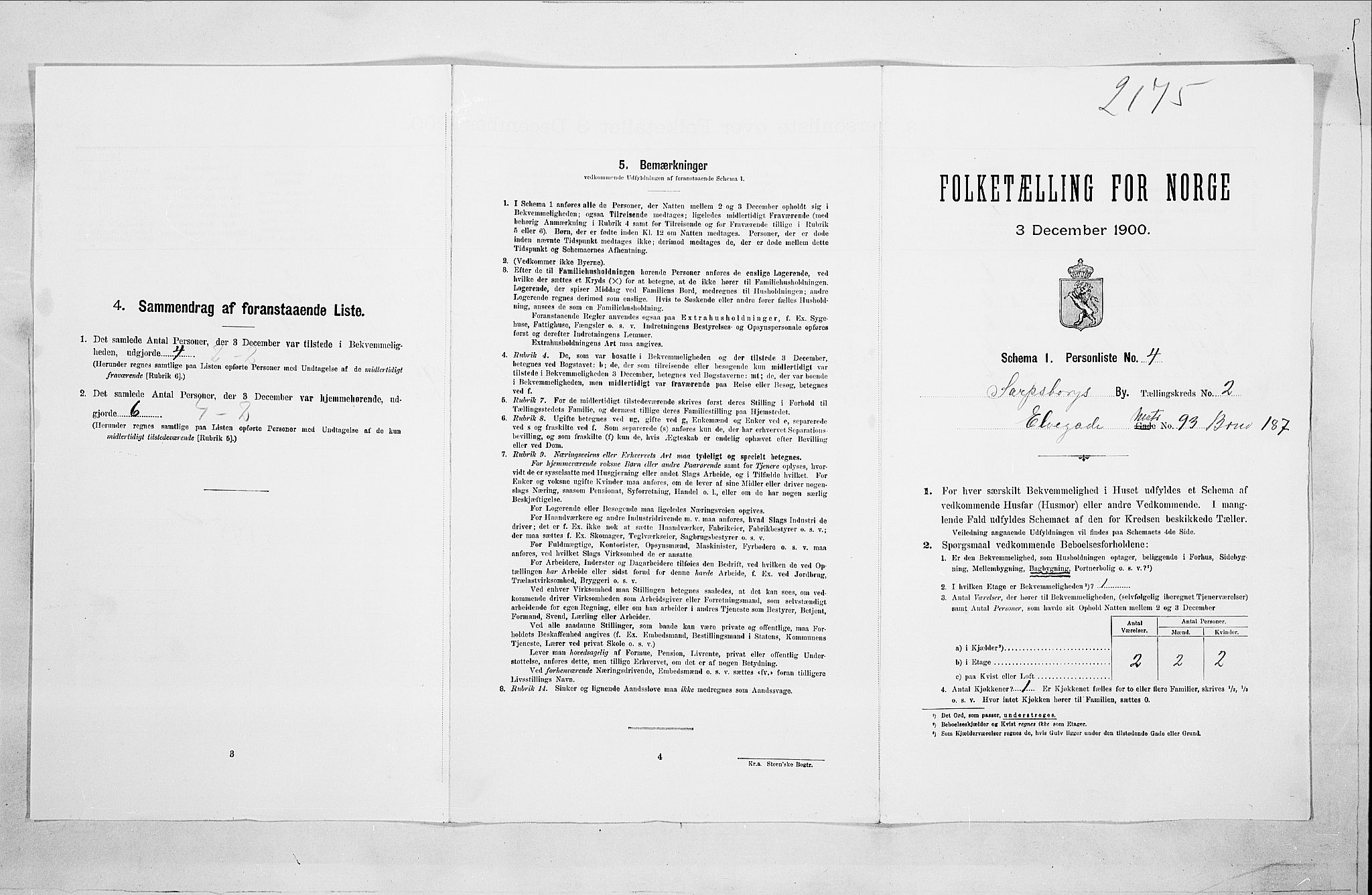 SAO, Folketelling 1900 for 0102 Sarpsborg kjøpstad, 1900