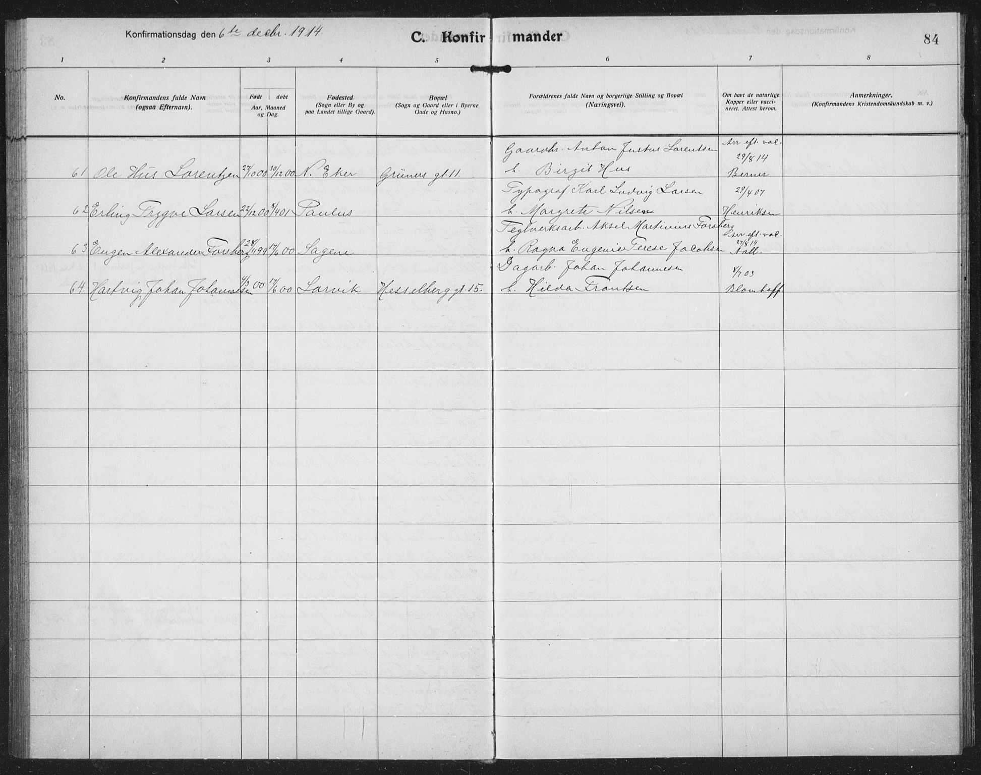 Paulus prestekontor Kirkebøker, AV/SAO-A-10871/F/Fa/L0022: Ministerialbok nr. 22, 1912-1920, s. 84