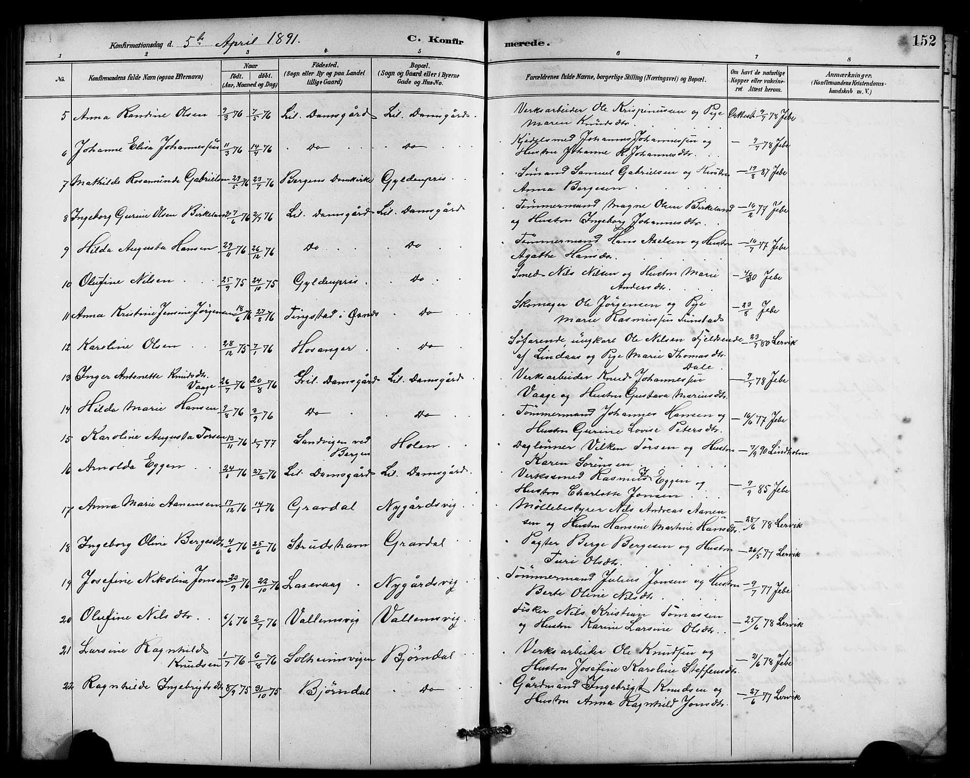 Laksevåg Sokneprestembete, AV/SAB-A-76501/H/Ha/Hab/Haba/L0003: Klokkerbok nr. A 3, 1887-1899, s. 152