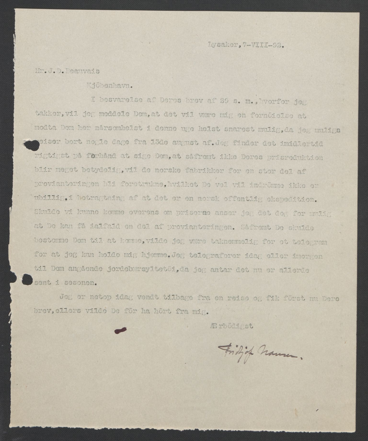 Arbeidskomitéen for Fridtjof Nansens polarekspedisjon, AV/RA-PA-0061/D/L0004: Innk. brev og telegrammer vedr. proviant og utrustning, 1892-1893, s. 32