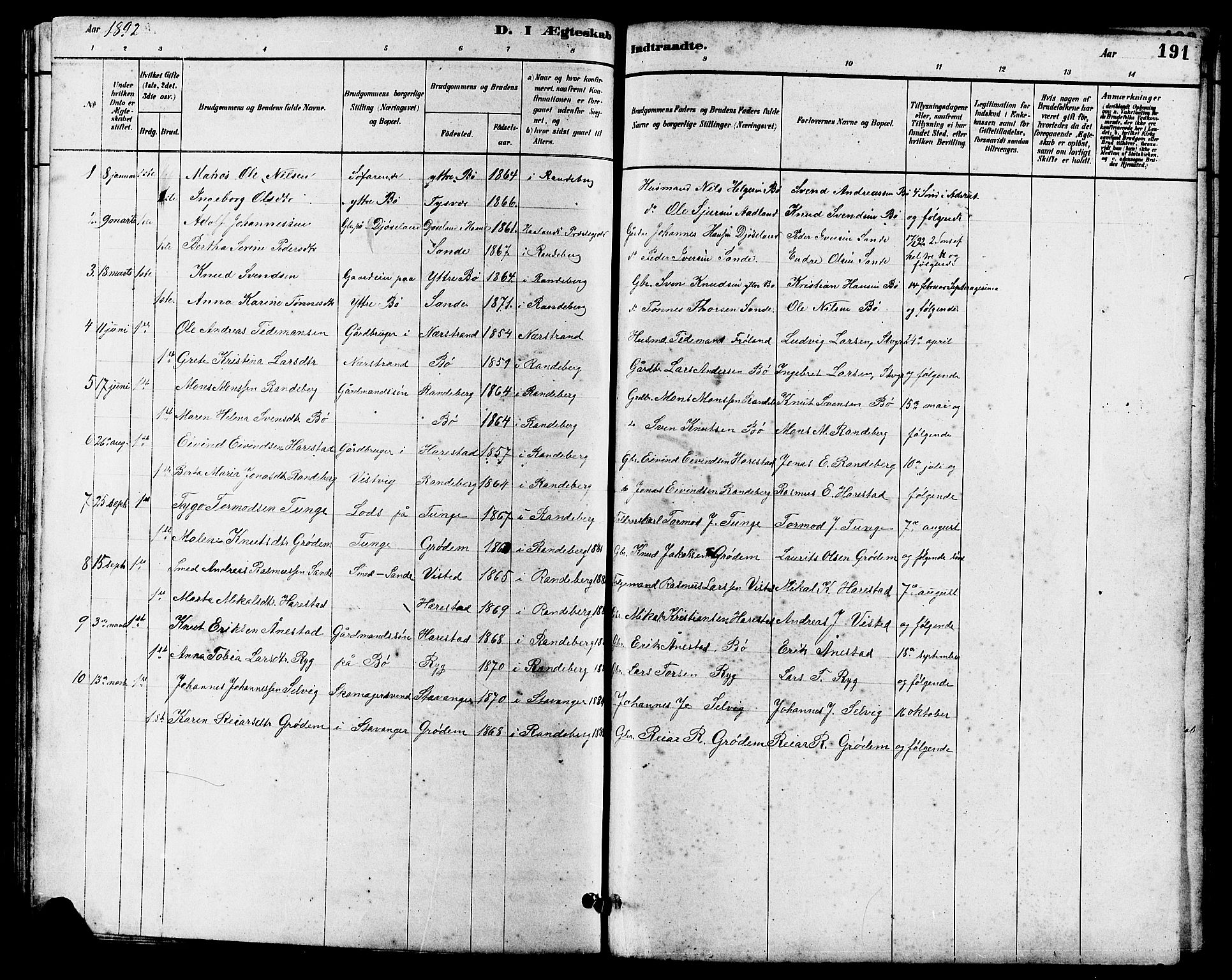 Hetland sokneprestkontor, AV/SAST-A-101826/30/30BB/L0006: Klokkerbok nr. B 6, 1878-1921, s. 191