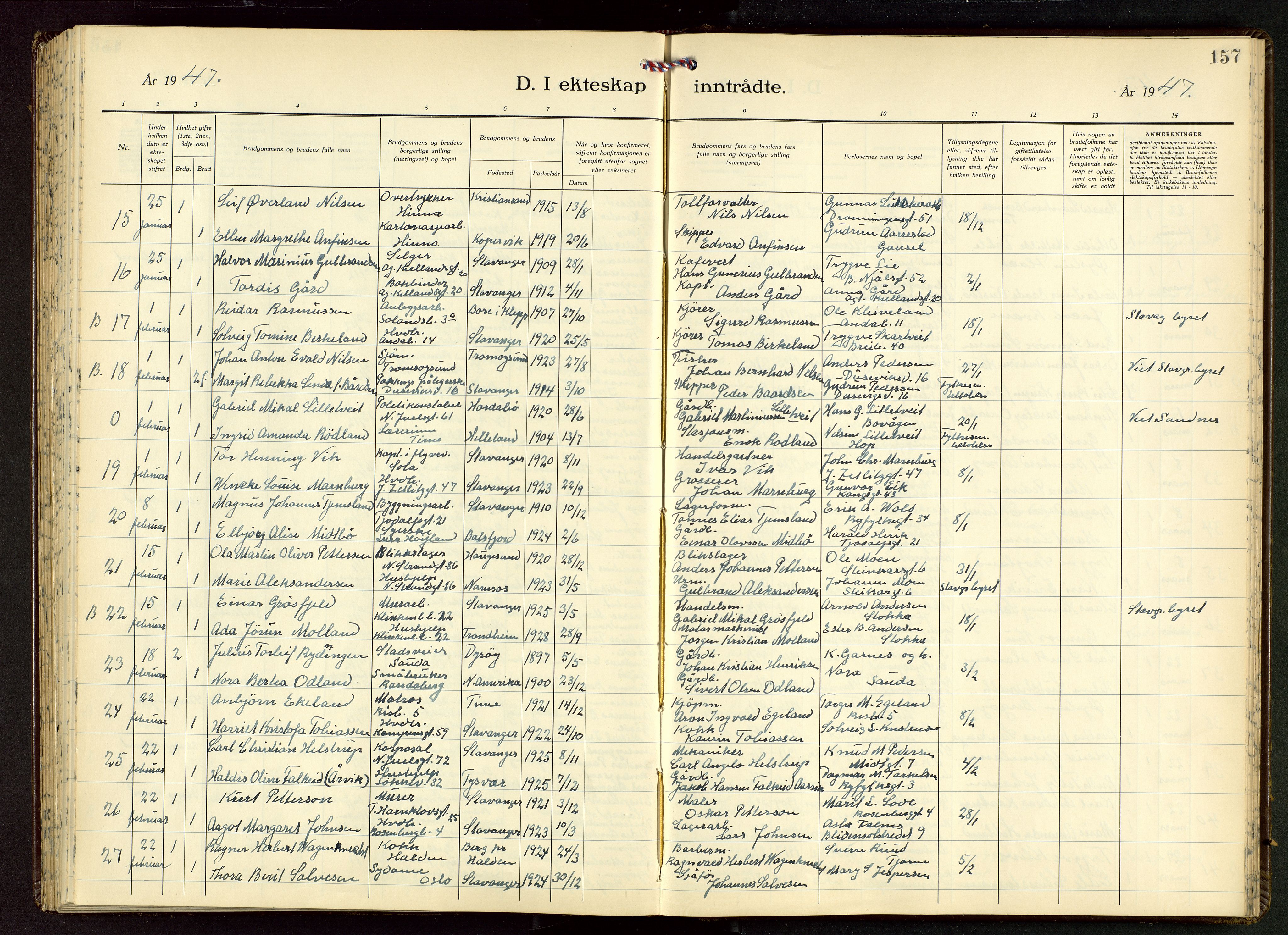 Domkirken sokneprestkontor, AV/SAST-A-101812/001/30/30BB/L0022: Klokkerbok nr. B 22, 1937-1949, s. 157