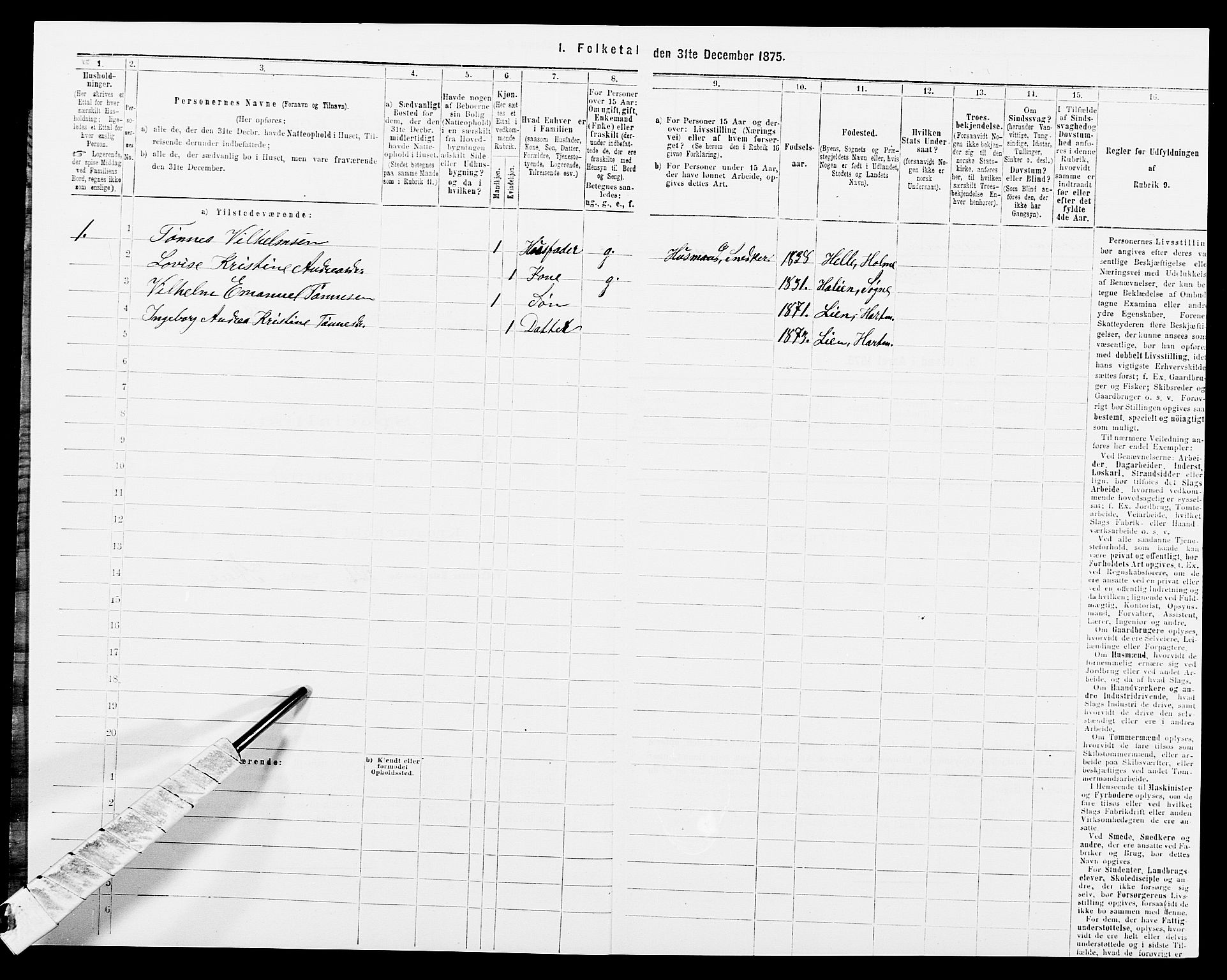 SAK, Folketelling 1875 for 1019L Mandal prestegjeld, Halse sokn og Harkmark sokn, 1875, s. 1127