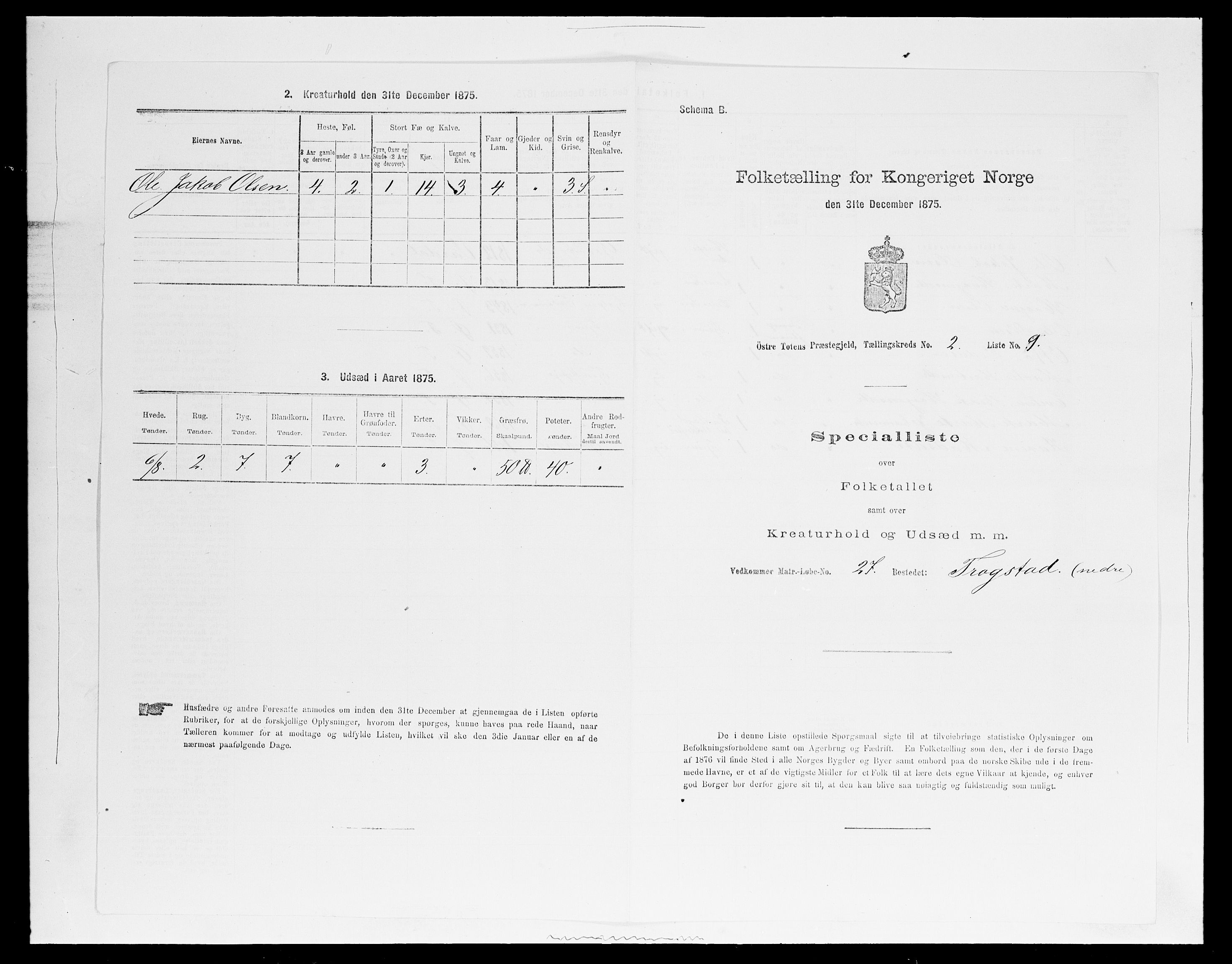 SAH, Folketelling 1875 for 0528P Østre Toten prestegjeld, 1875, s. 364