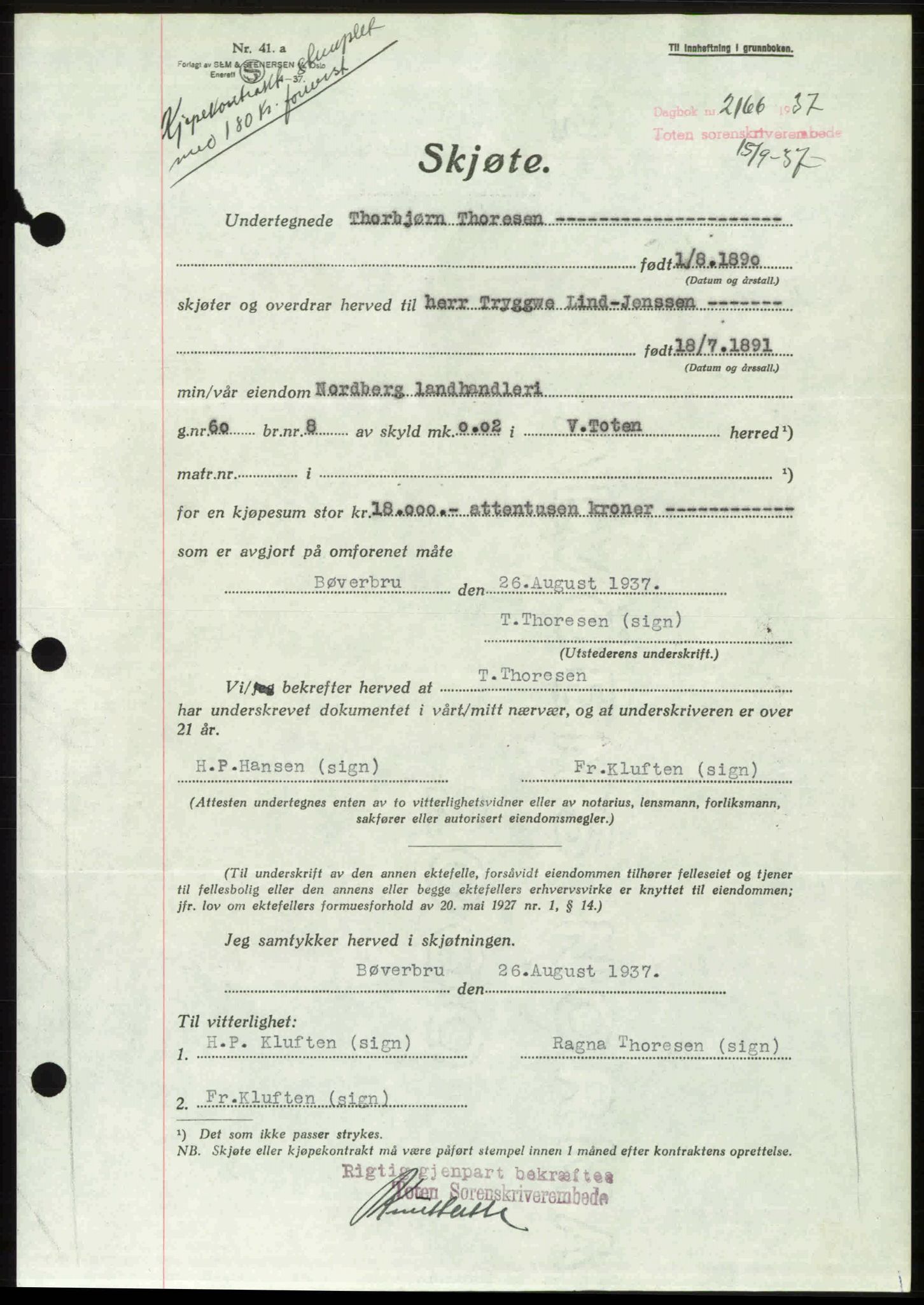 Toten tingrett, AV/SAH-TING-006/H/Hb/Hbc/L0003: Pantebok nr. Hbc-03, 1937-1938, Dagboknr: 2166/1937