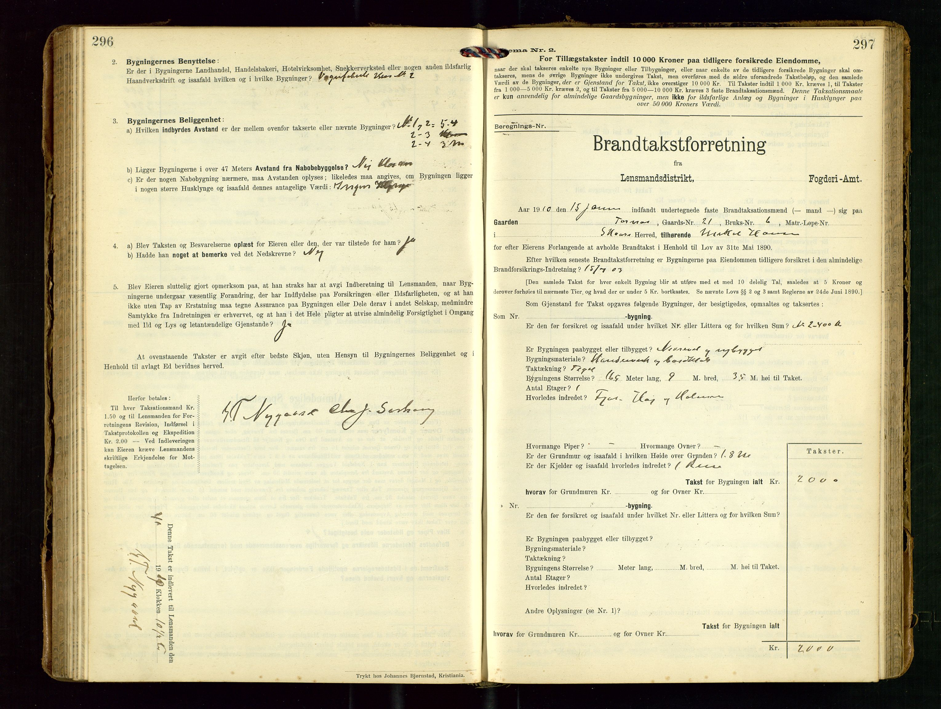 Torvestad lensmannskontor, AV/SAST-A-100307/1/Gob/L0004: "Brandtaxationsprotokol for Torvestad Lensmannsdistrikt", 1909-1923, s. 296-297