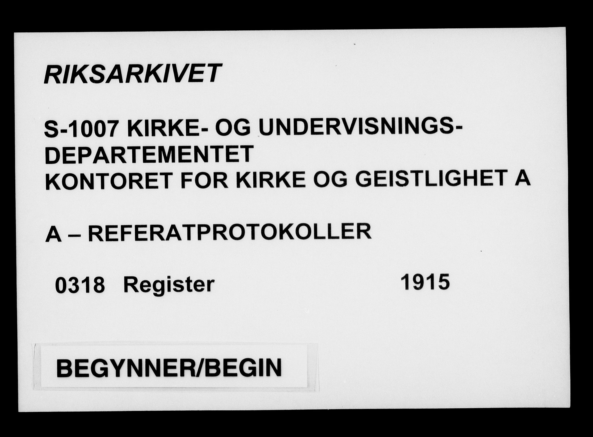 Kirke- og undervisningsdepartementet, Kontoret  for kirke og geistlighet A, RA/S-1007/A/Aa/L0318: Register, 1915