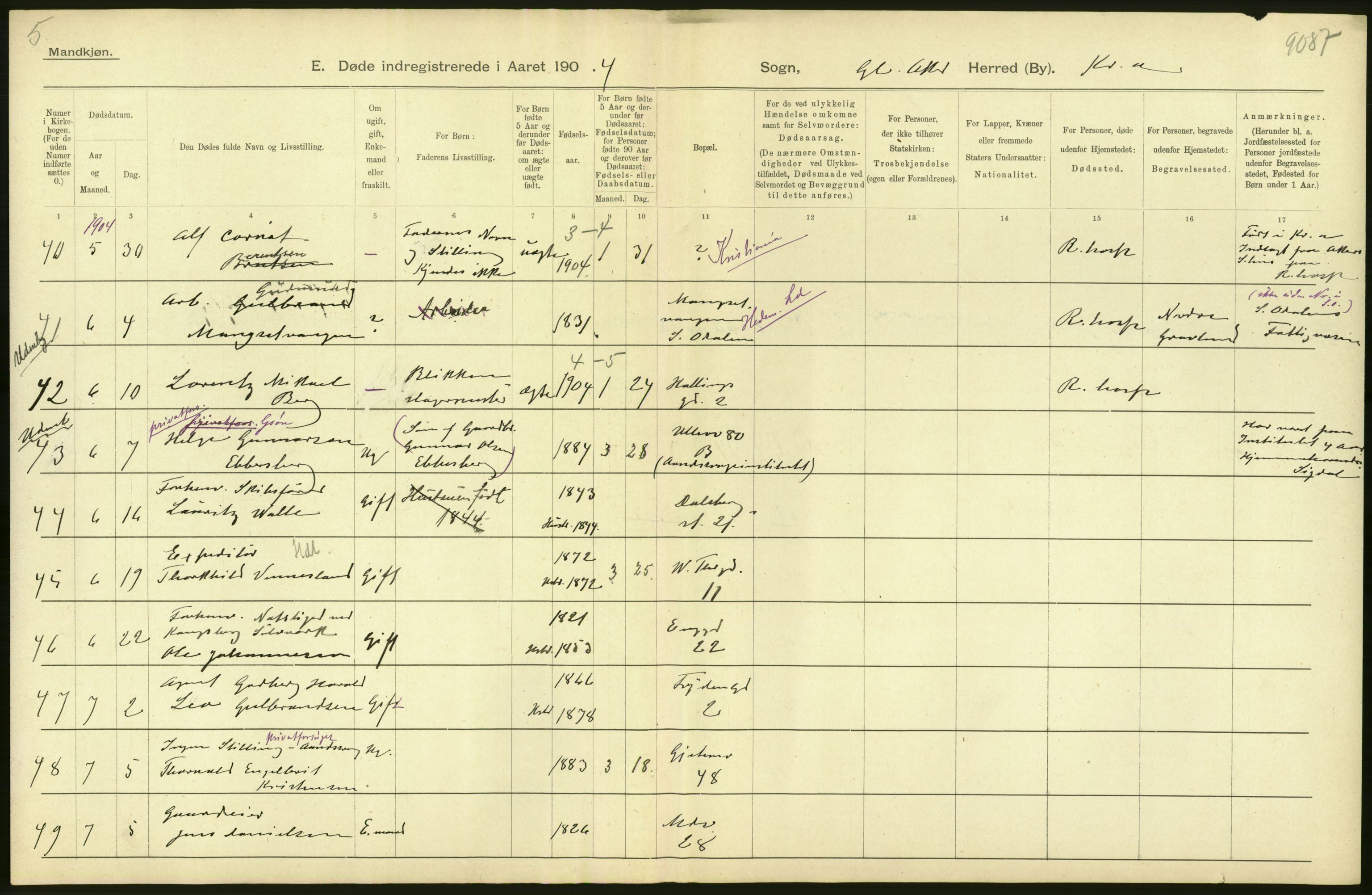Statistisk sentralbyrå, Sosiodemografiske emner, Befolkning, AV/RA-S-2228/D/Df/Dfa/Dfab/L0004: Kristiania: Gifte, døde, 1904, s. 374
