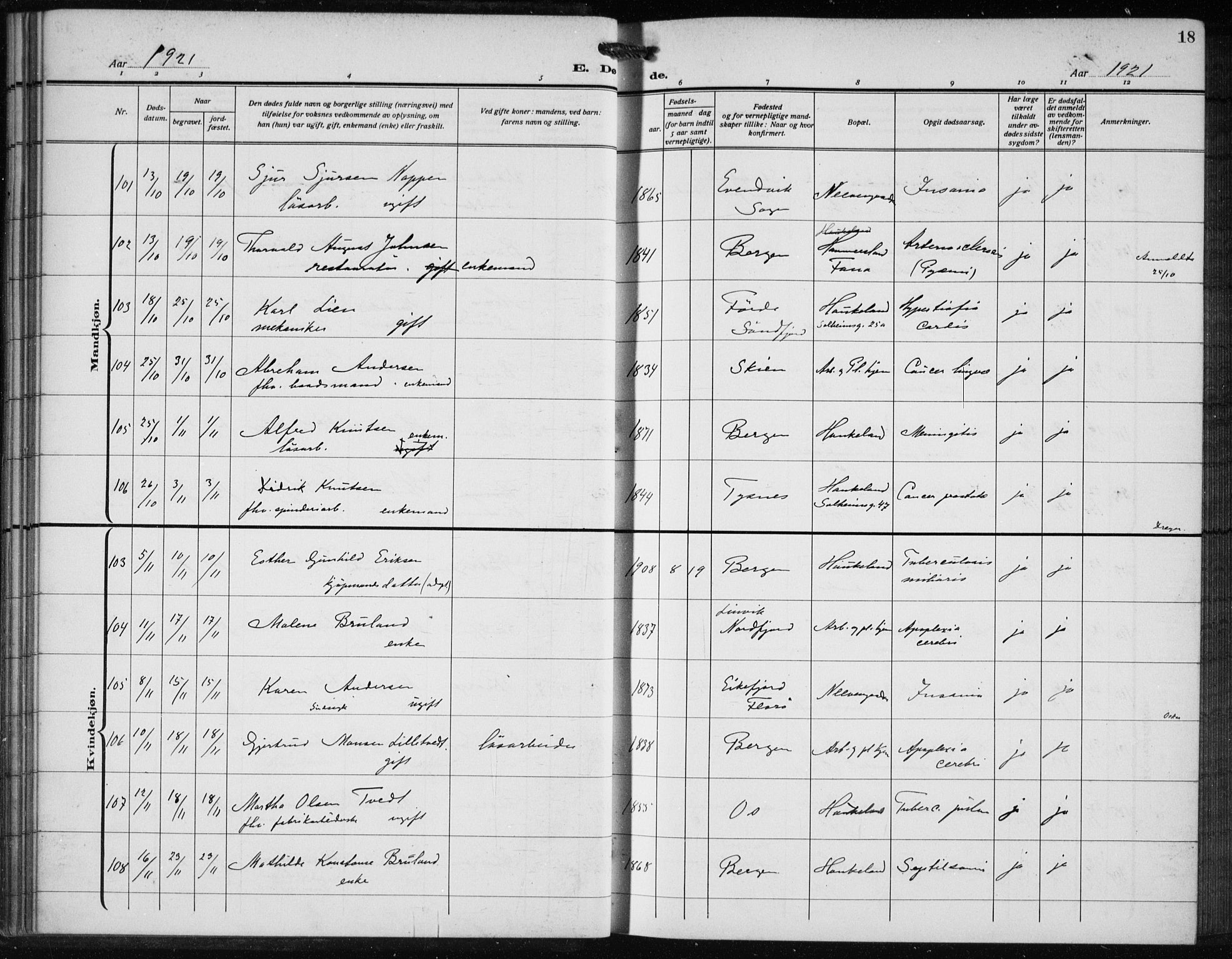 Bergen kommunale pleiehjem - stiftelsespresten, AV/SAB-A-100281: Ministerialbok nr. A 7, 1921-1932, s. 18