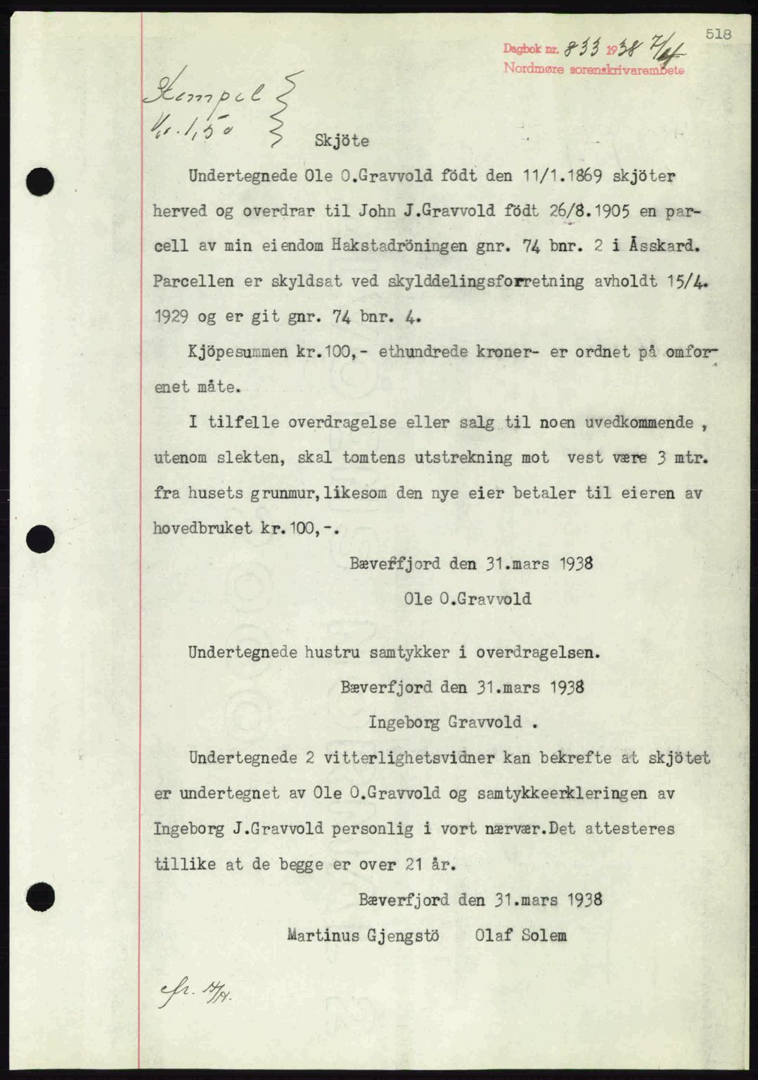 Nordmøre sorenskriveri, SAT/A-4132/1/2/2Ca: Pantebok nr. A83, 1938-1938, Dagboknr: 833/1938