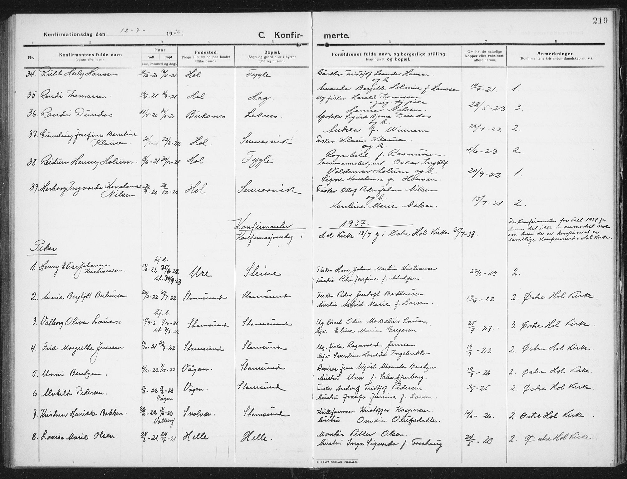 Ministerialprotokoller, klokkerbøker og fødselsregistre - Nordland, AV/SAT-A-1459/882/L1183: Klokkerbok nr. 882C01, 1911-1938, s. 219