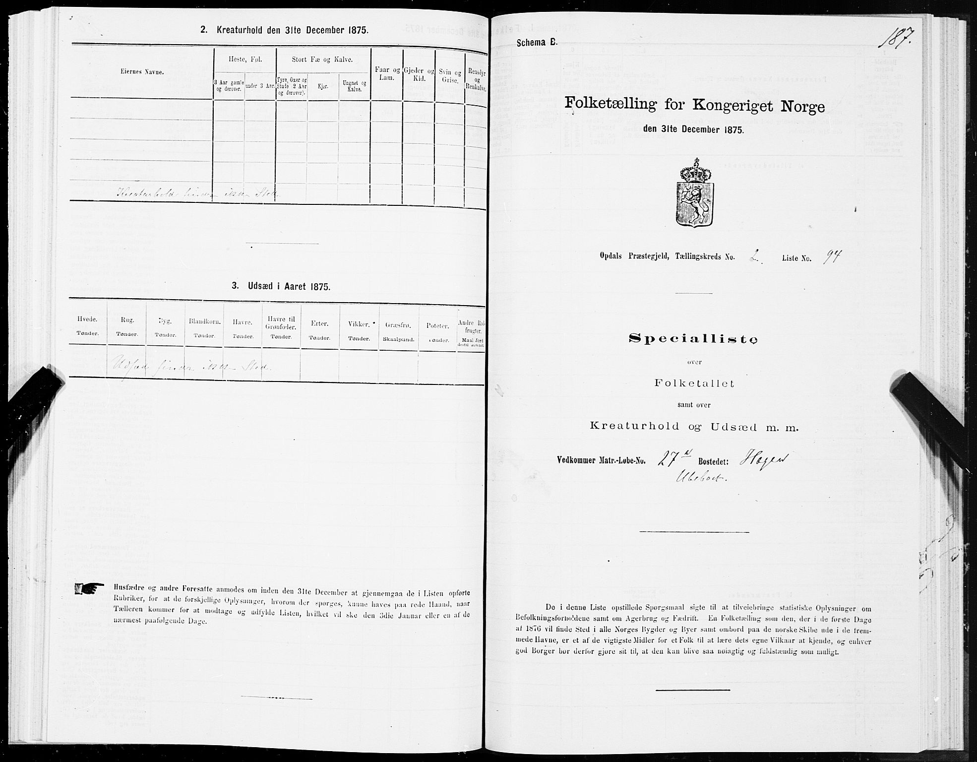 SAT, Folketelling 1875 for 1634P Oppdal prestegjeld, 1875, s. 2187