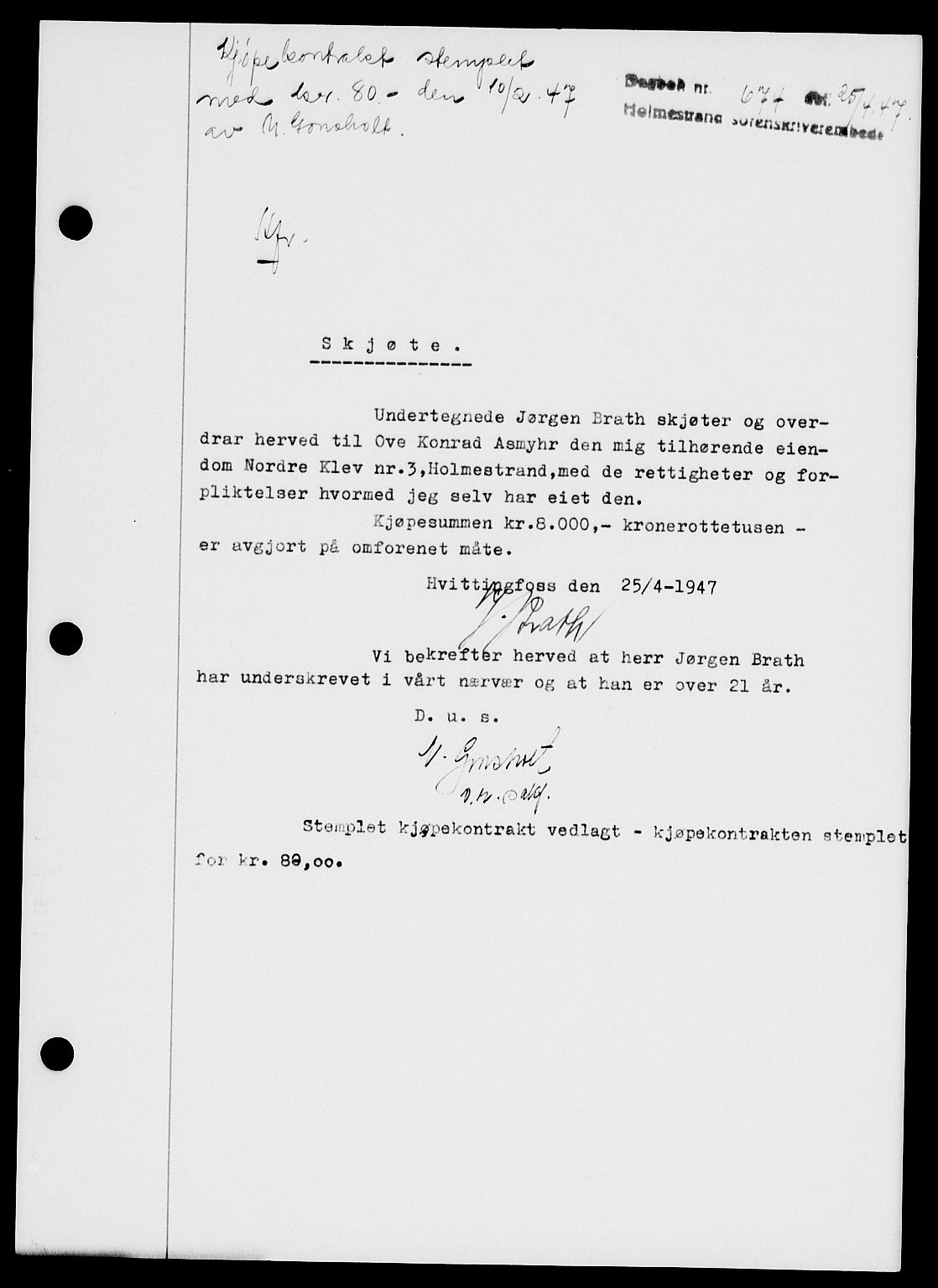 Holmestrand sorenskriveri, SAKO/A-67/G/Ga/Gaa/L0062: Pantebok nr. A-62, 1947-1947, Dagboknr: 674/1947