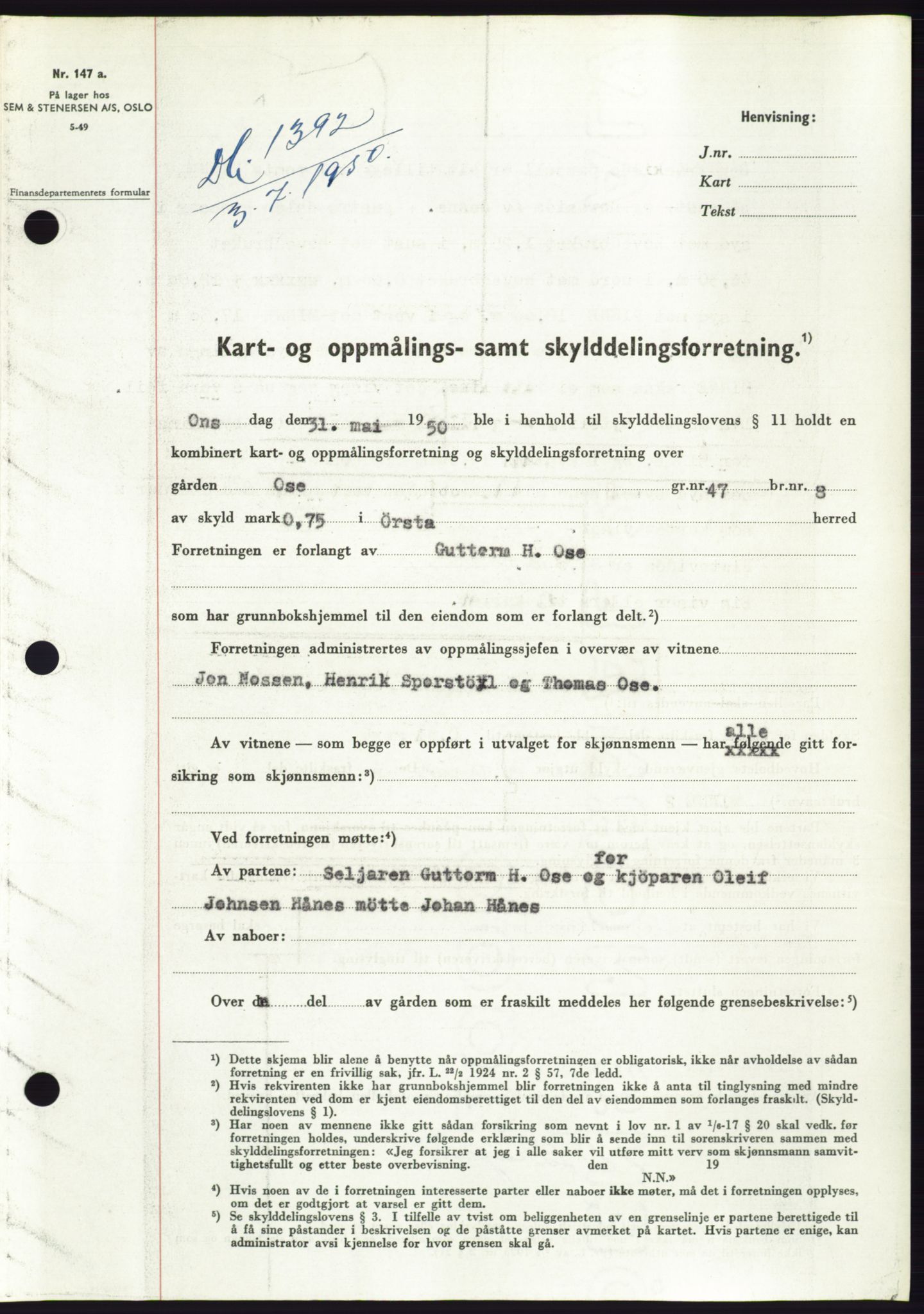 Søre Sunnmøre sorenskriveri, AV/SAT-A-4122/1/2/2C/L0087: Pantebok nr. 13A, 1950-1950, Dagboknr: 1392/1950