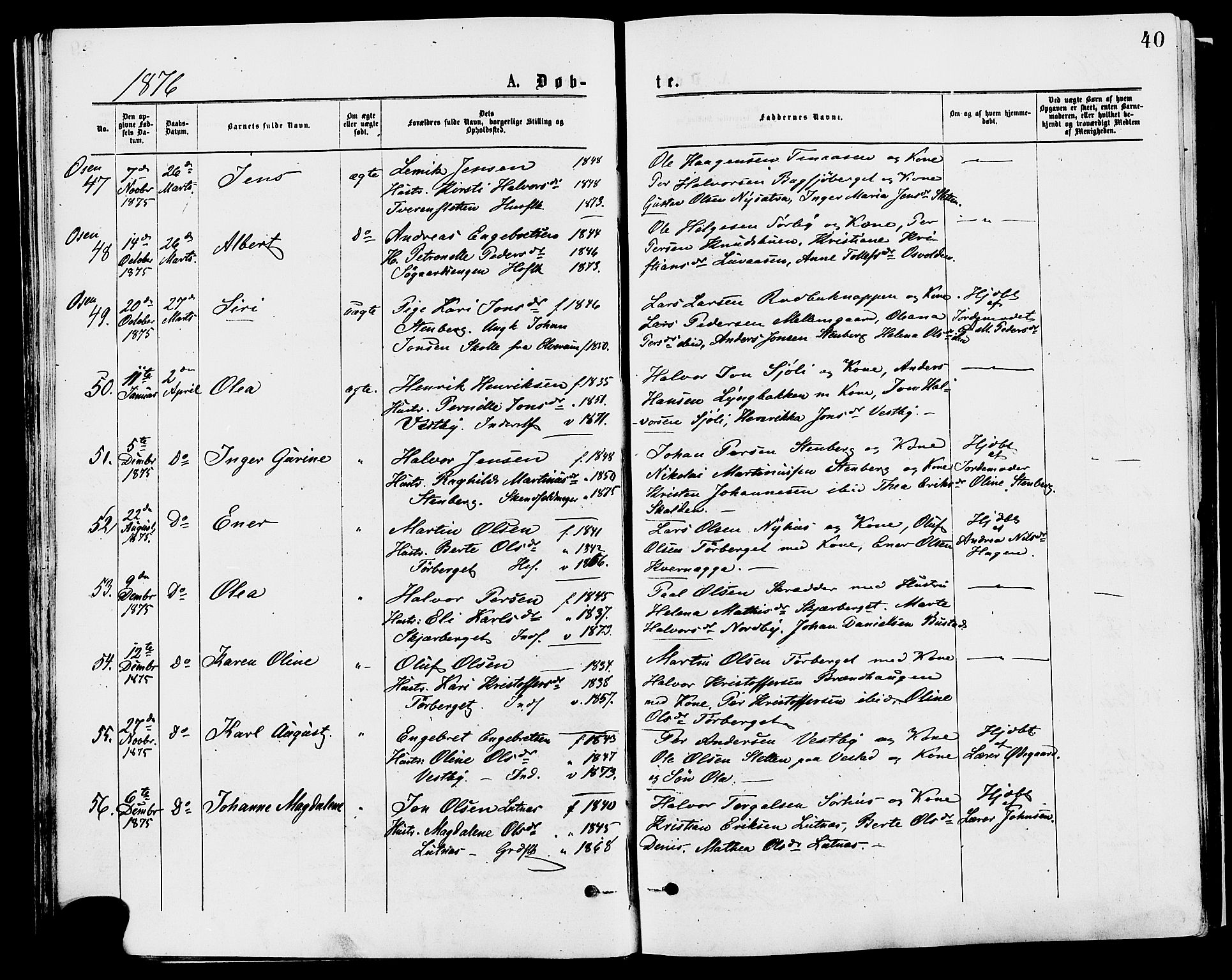 Trysil prestekontor, AV/SAH-PREST-046/H/Ha/Haa/L0007: Ministerialbok nr. 7, 1874-1880, s. 40