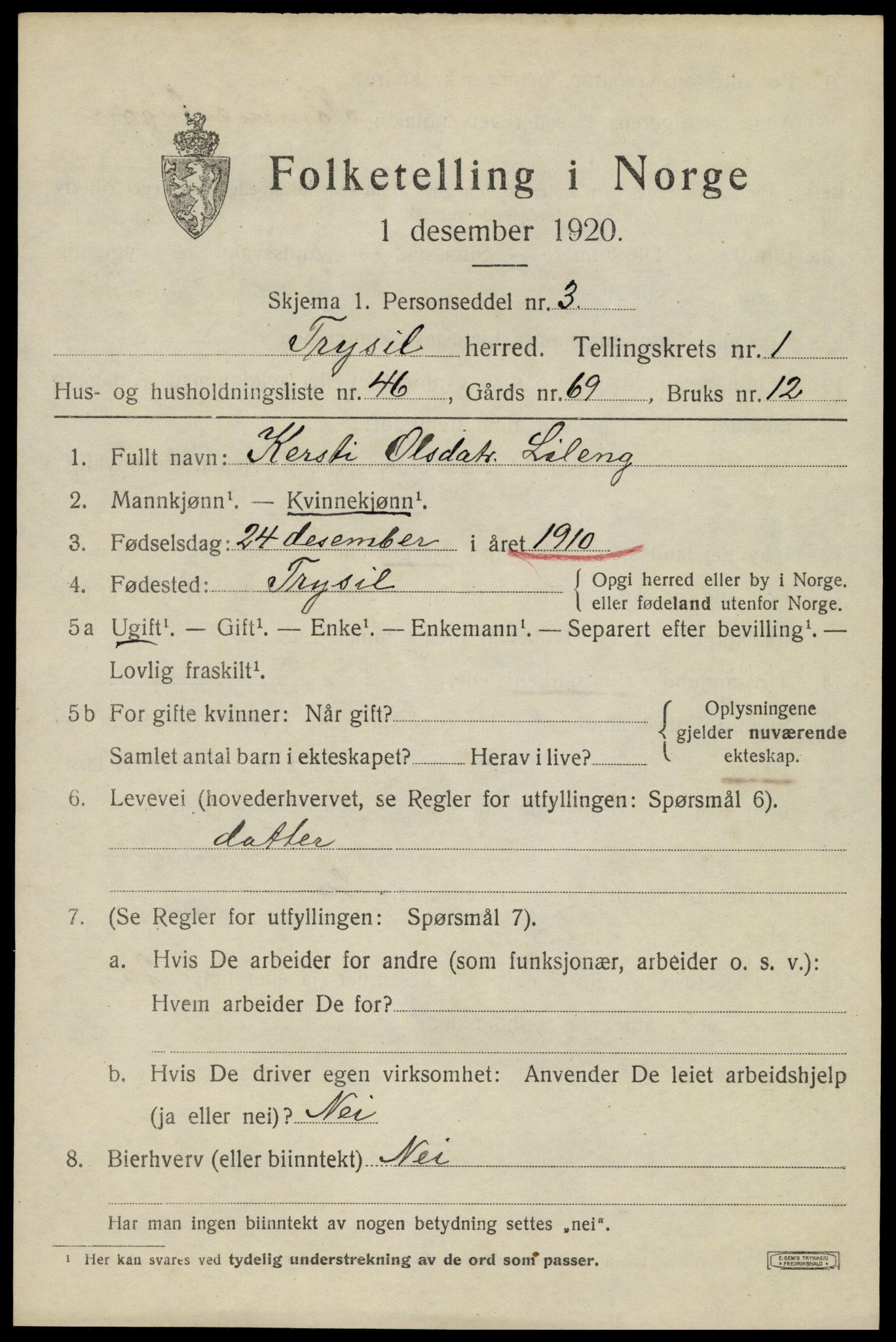 SAH, Folketelling 1920 for 0428 Trysil herred, 1920, s. 3079