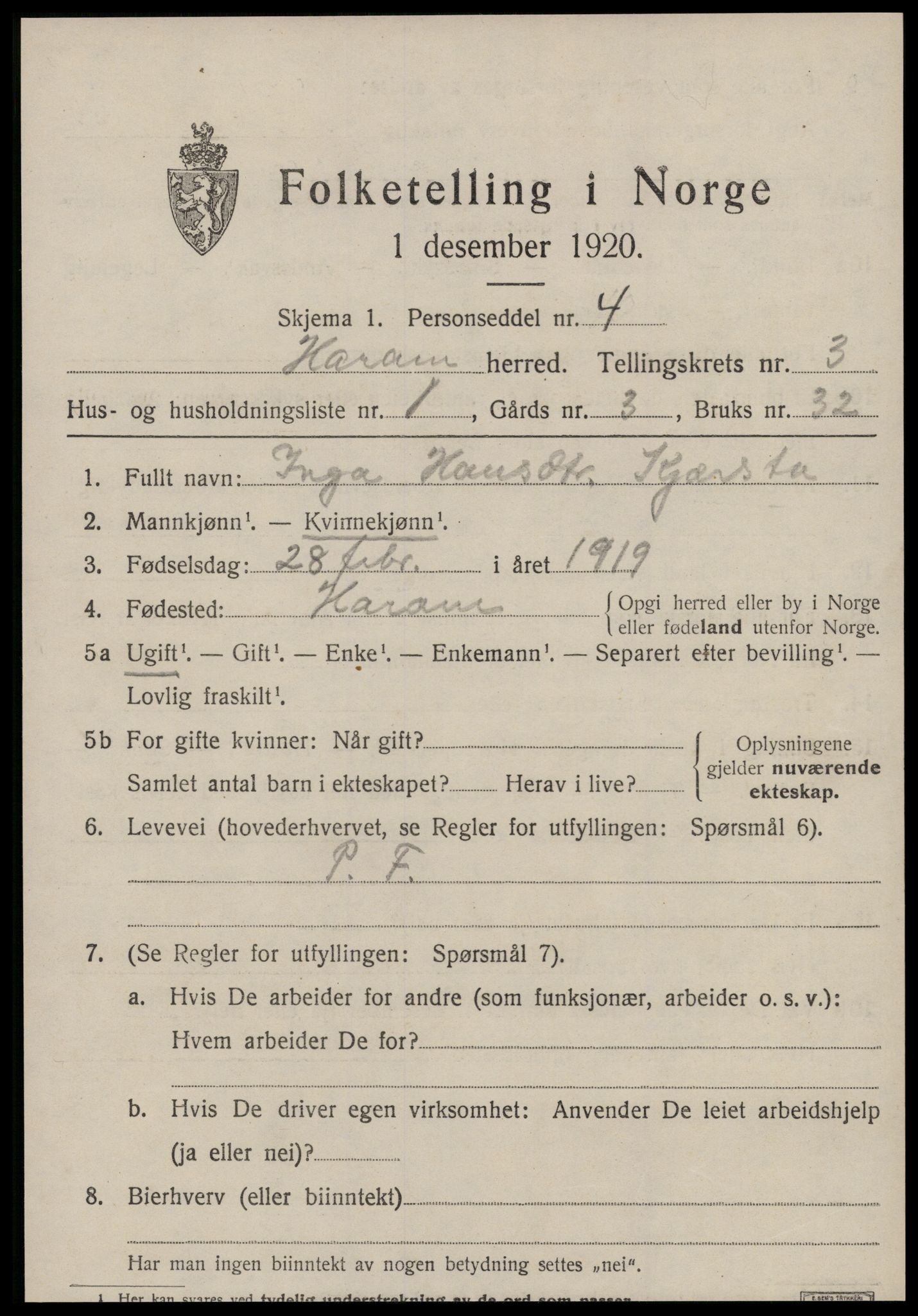 SAT, Folketelling 1920 for 1534 Haram herred, 1920, s. 1845