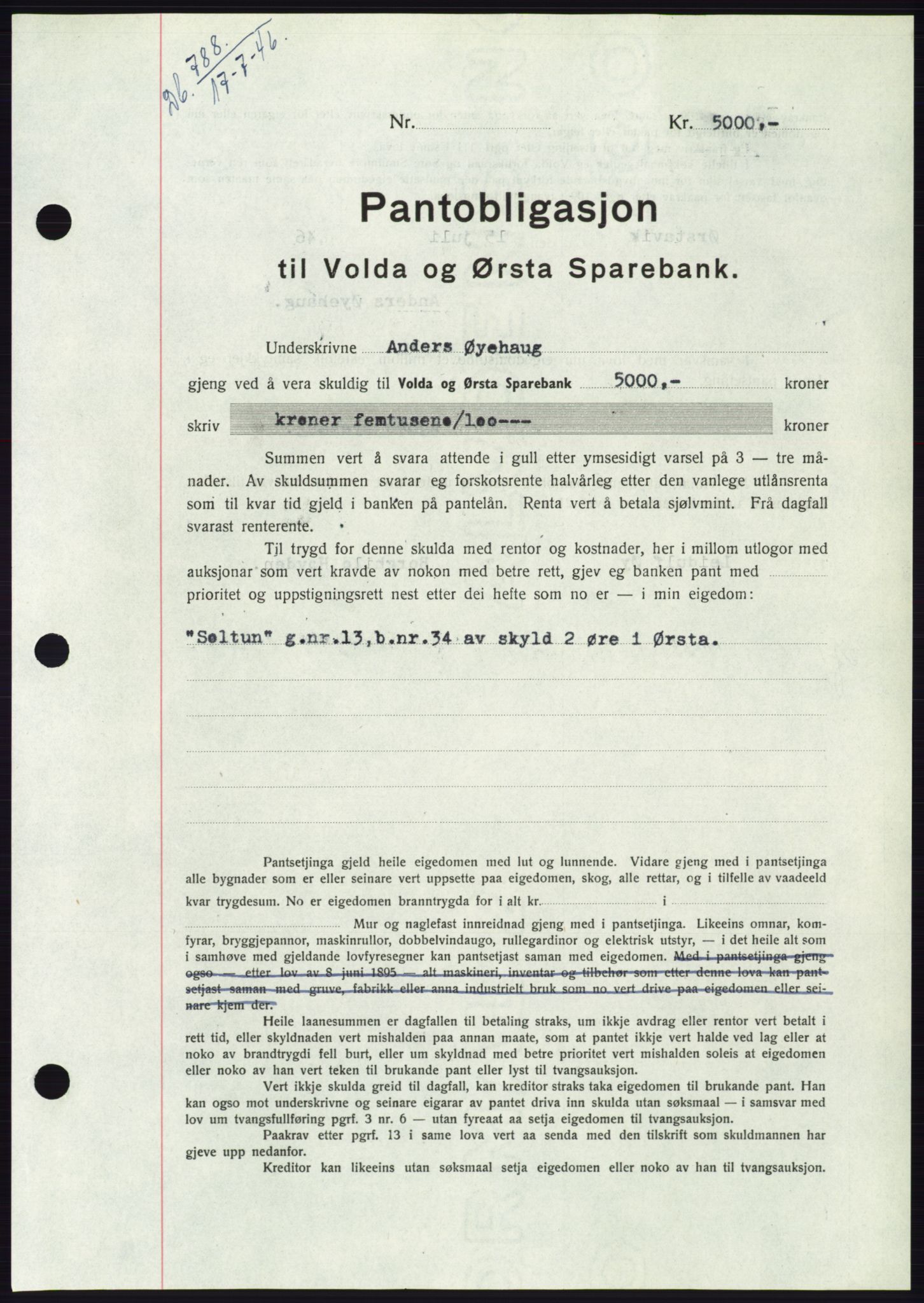 Søre Sunnmøre sorenskriveri, AV/SAT-A-4122/1/2/2C/L0114: Pantebok nr. 1-2B, 1943-1947, Dagboknr: 788/1946