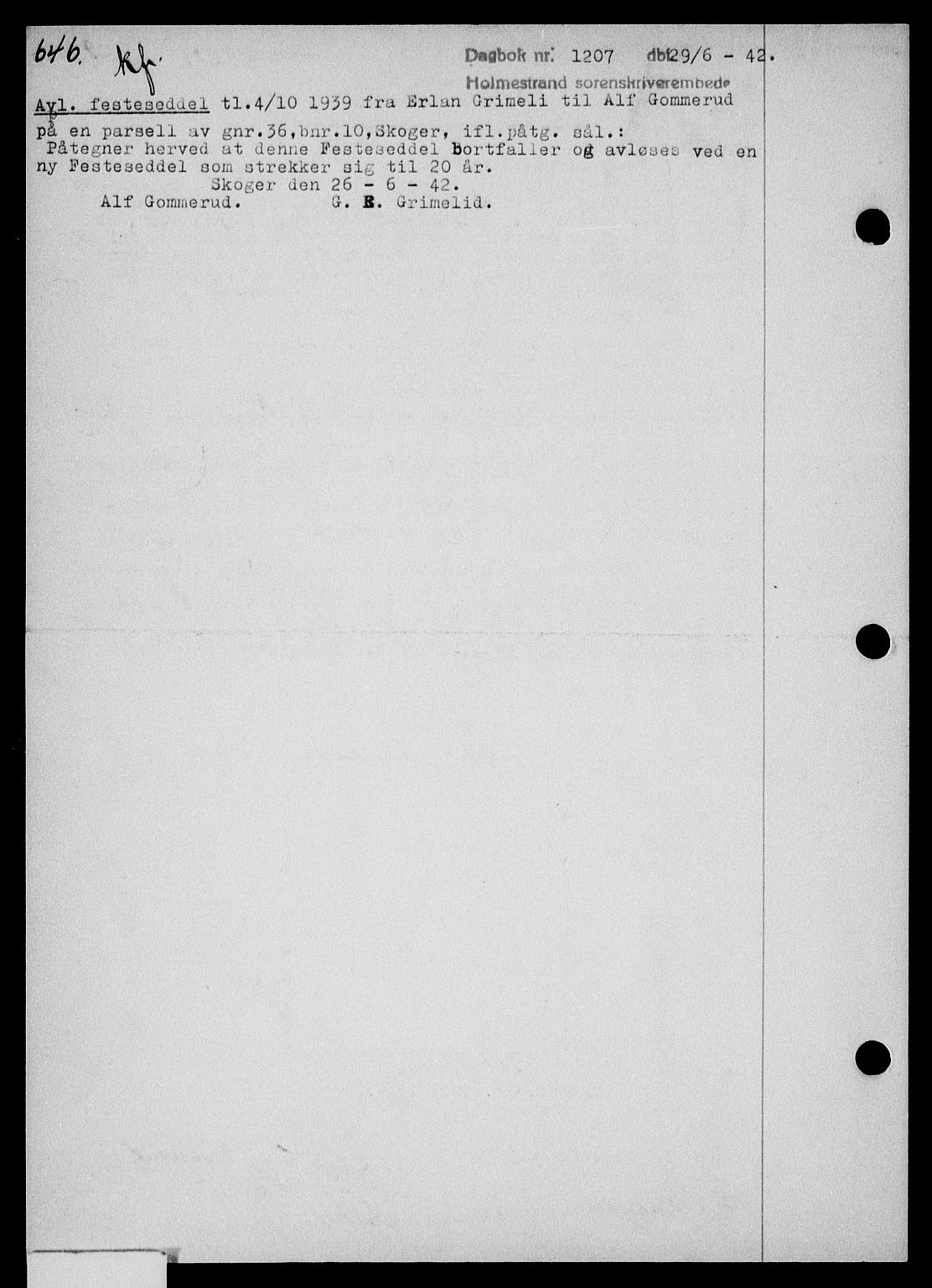 Holmestrand sorenskriveri, SAKO/A-67/G/Ga/Gaa/L0055: Pantebok nr. A-55, 1942-1942, Dagboknr: 1207/1942