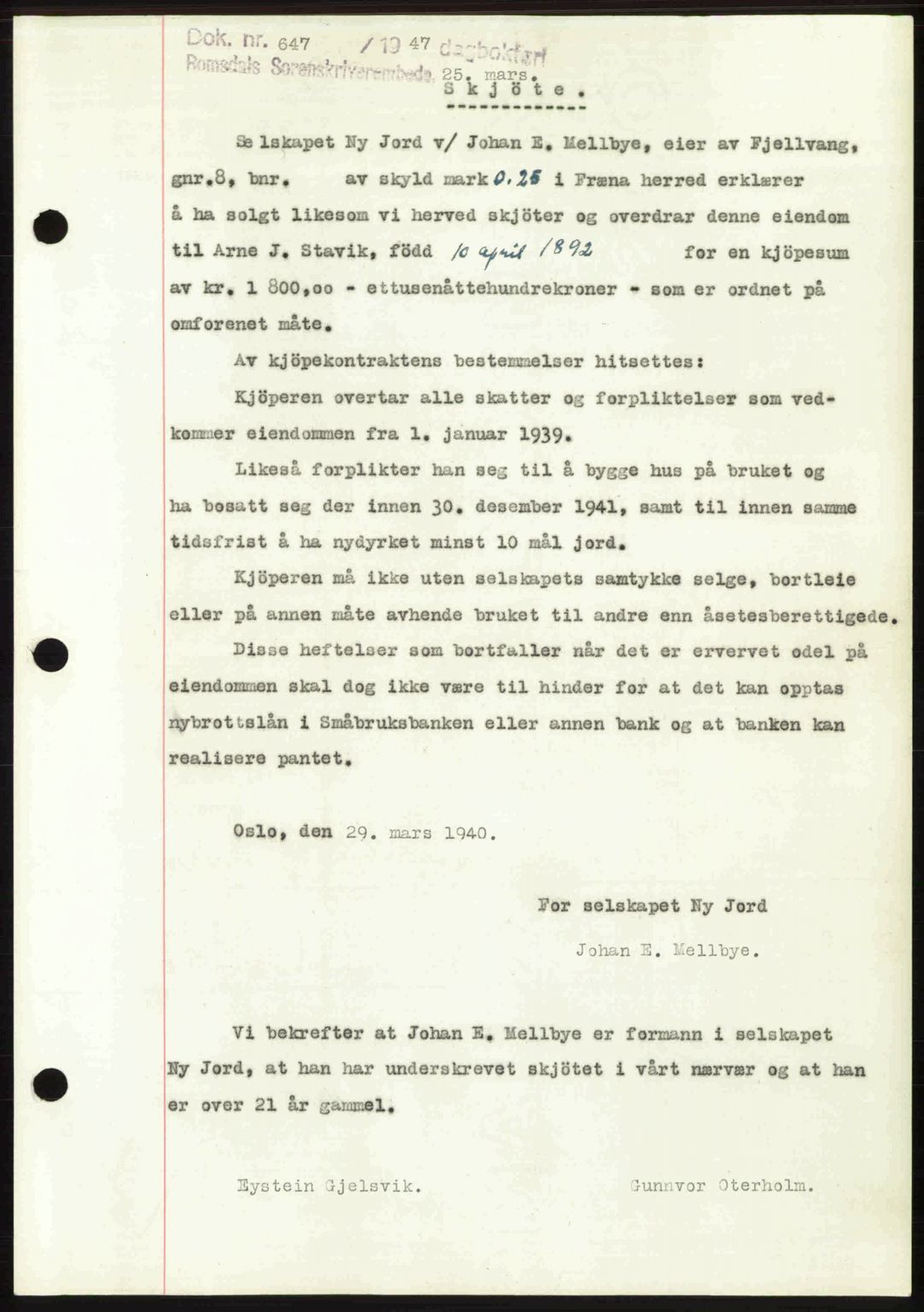 Romsdal sorenskriveri, SAT/A-4149/1/2/2C: Pantebok nr. A22, 1947-1947, Dagboknr: 647/1947