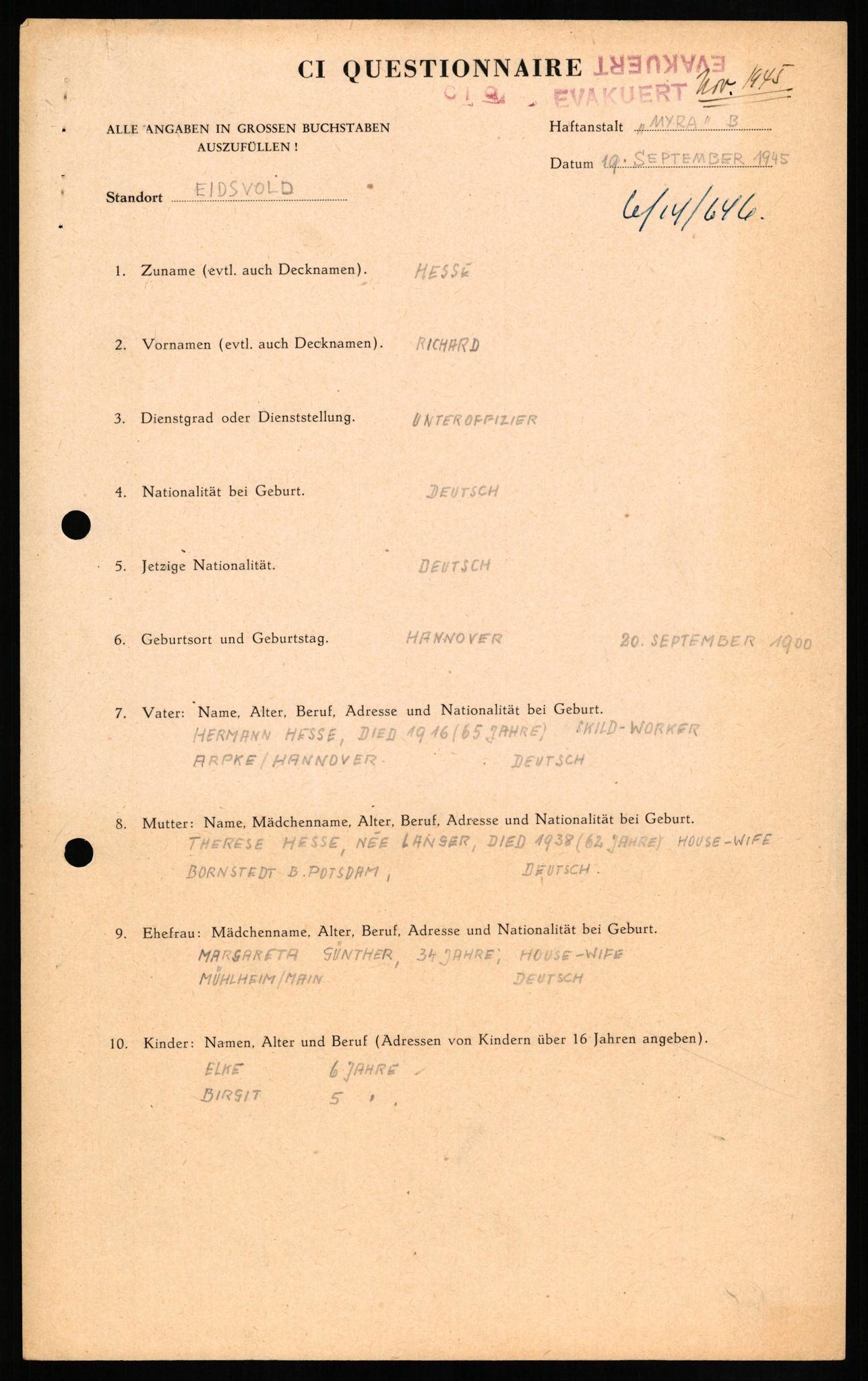 Forsvaret, Forsvarets overkommando II, AV/RA-RAFA-3915/D/Db/L0013: CI Questionaires. Tyske okkupasjonsstyrker i Norge. Tyskere., 1945-1946, s. 110