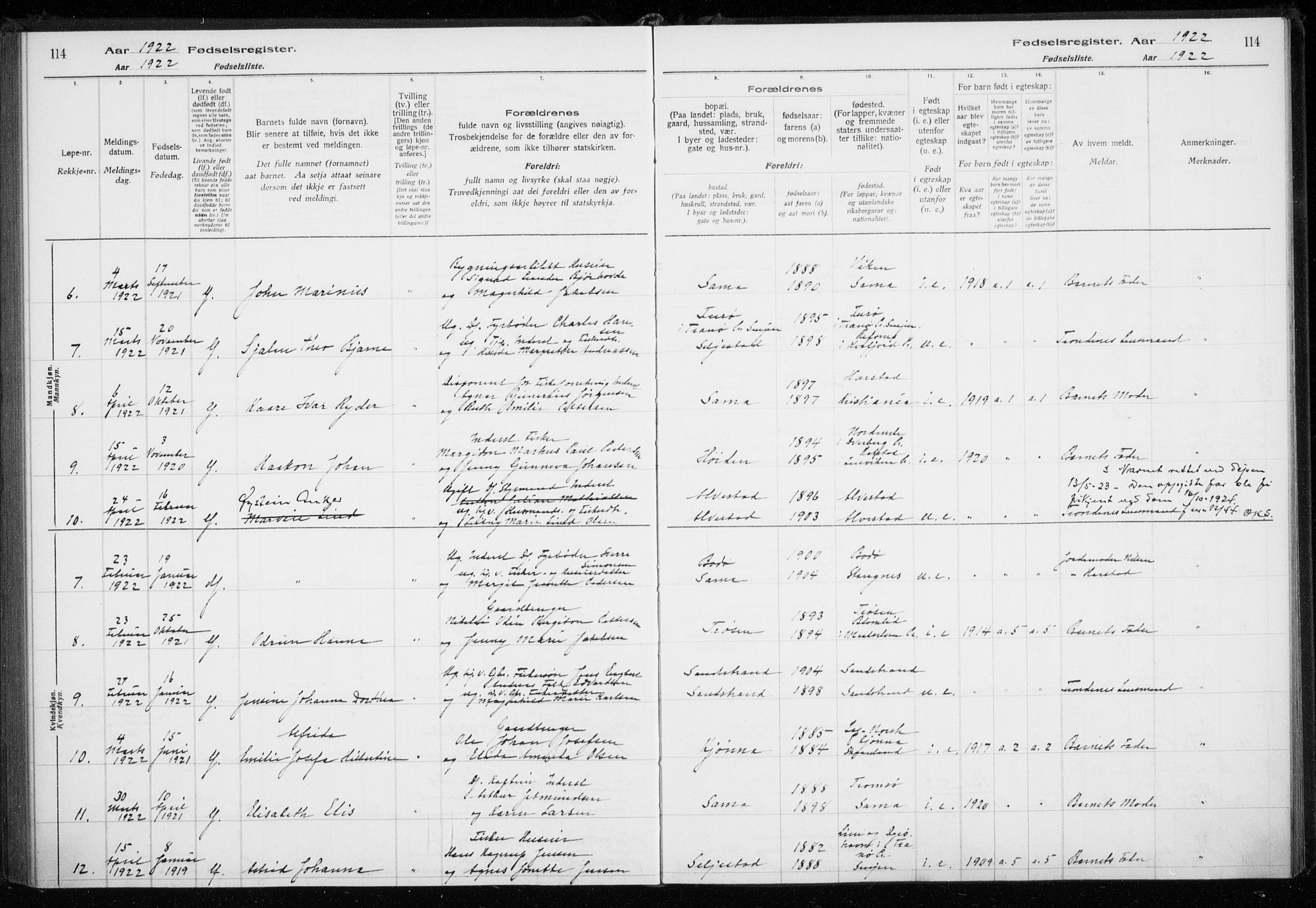 Trondenes sokneprestkontor, SATØ/S-1319/I/Ia/L0089: Fødselsregister nr. 89, 1916-1925, s. 114
