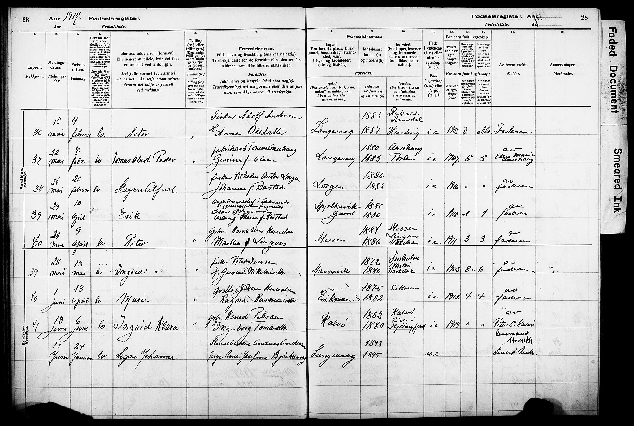 Ministerialprotokoller, klokkerbøker og fødselsregistre - Møre og Romsdal, AV/SAT-A-1454/528/L0442: Fødselsregister nr. 528.II.4.1, 1916-1924, s. 28