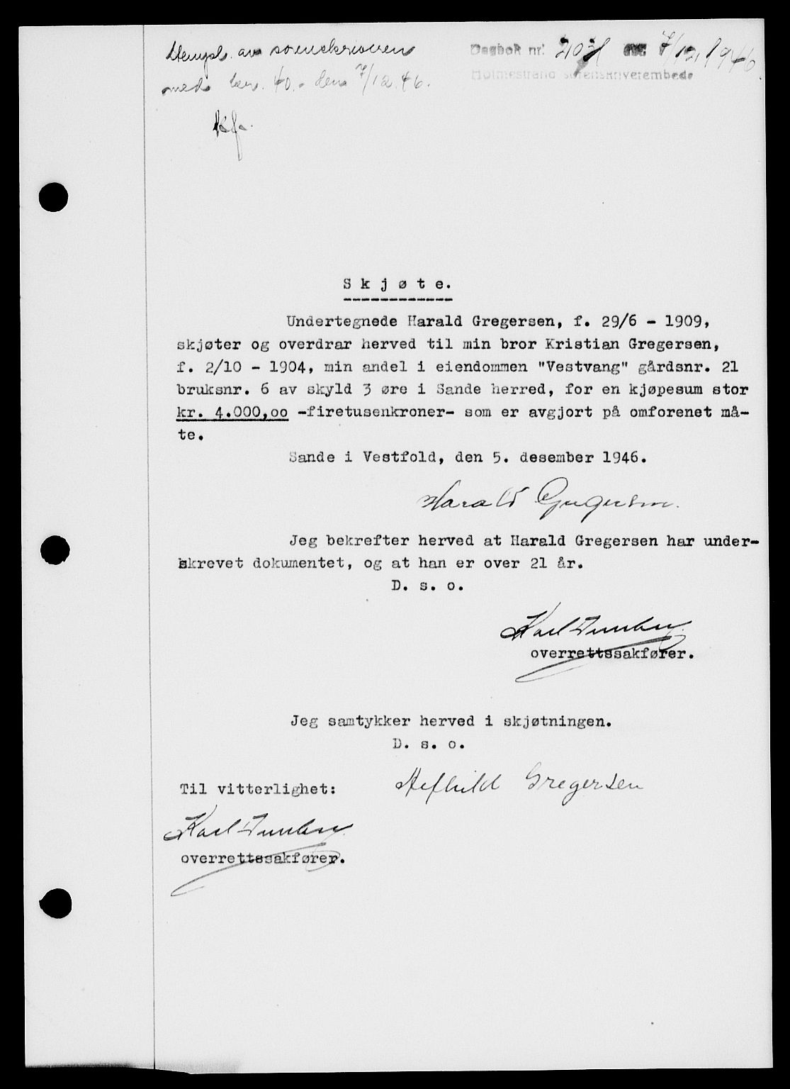 Holmestrand sorenskriveri, SAKO/A-67/G/Ga/Gaa/L0061: Pantebok nr. A-61, 1946-1947, Dagboknr: 2031/1946