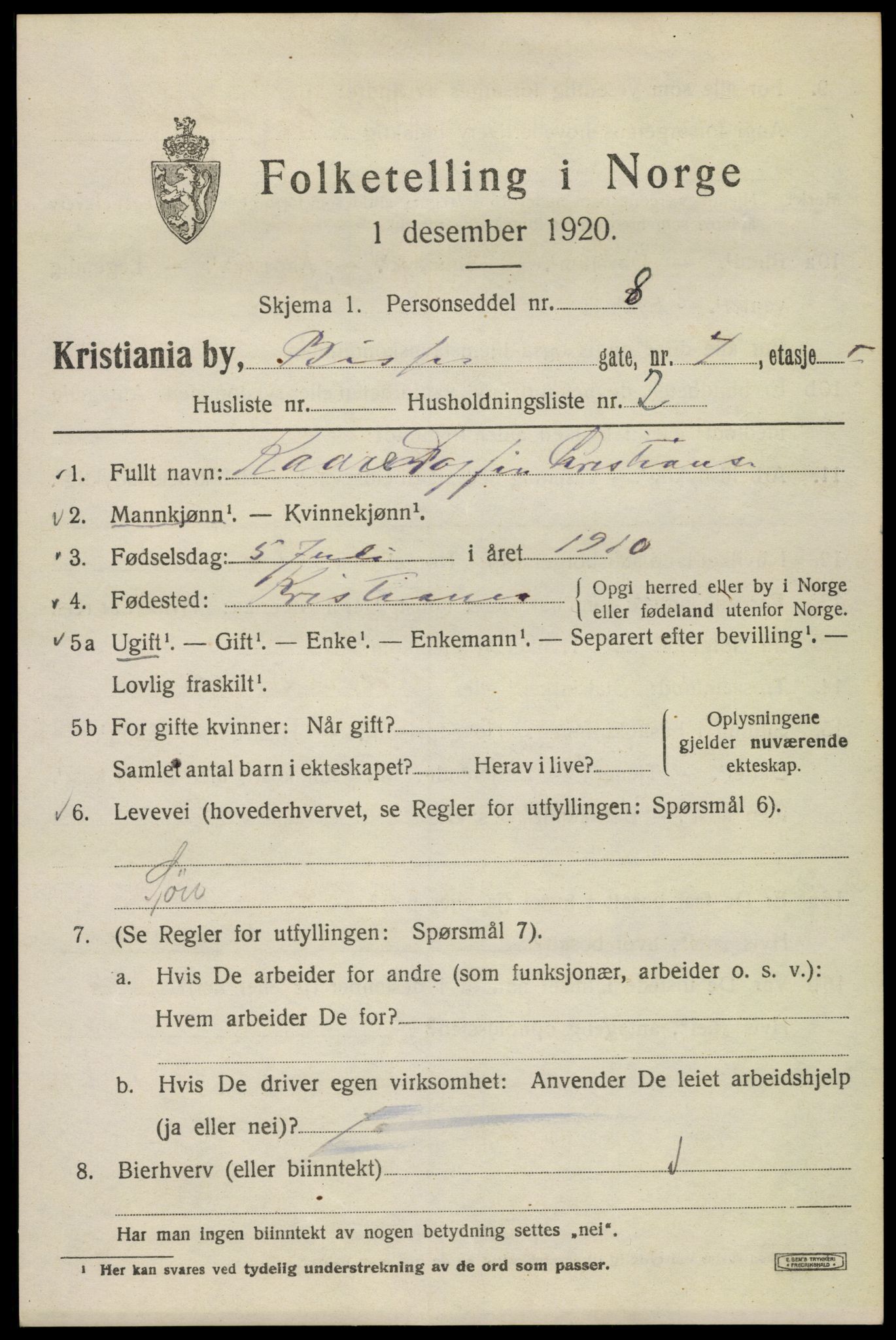 SAO, Folketelling 1920 for 0301 Kristiania kjøpstad, 1920, s. 157043