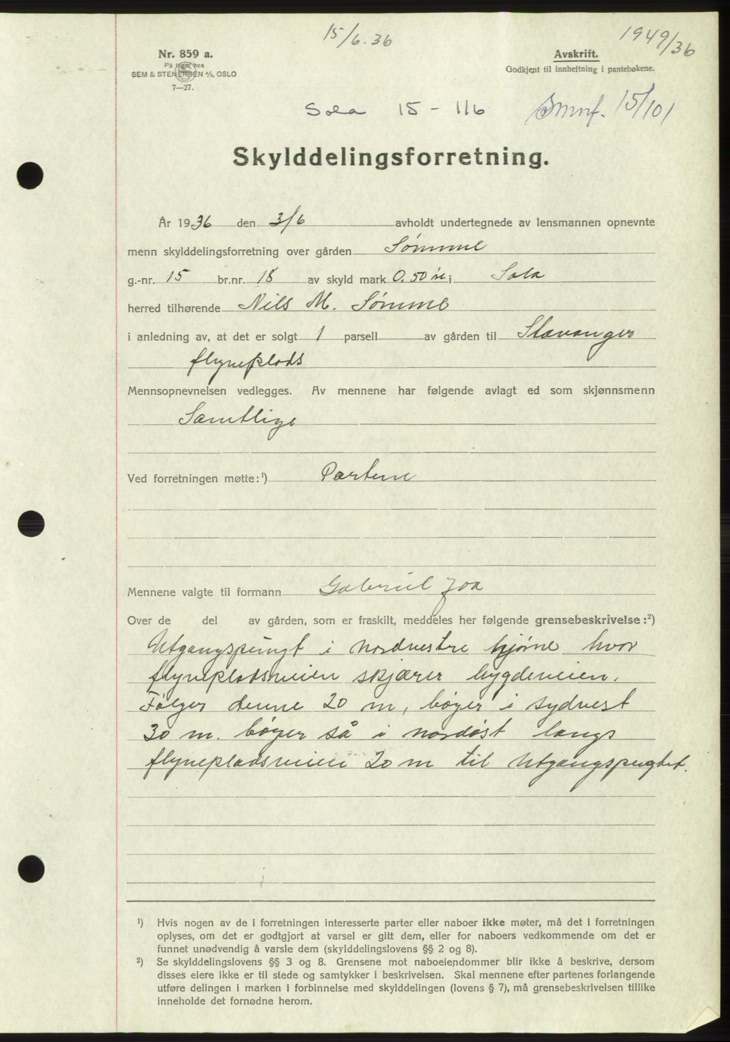 Jæren sorenskriveri, SAST/A-100310/03/G/Gba/L0065: Pantebok nr. 71, 1936-1936, Dagboknr: 1949/1936