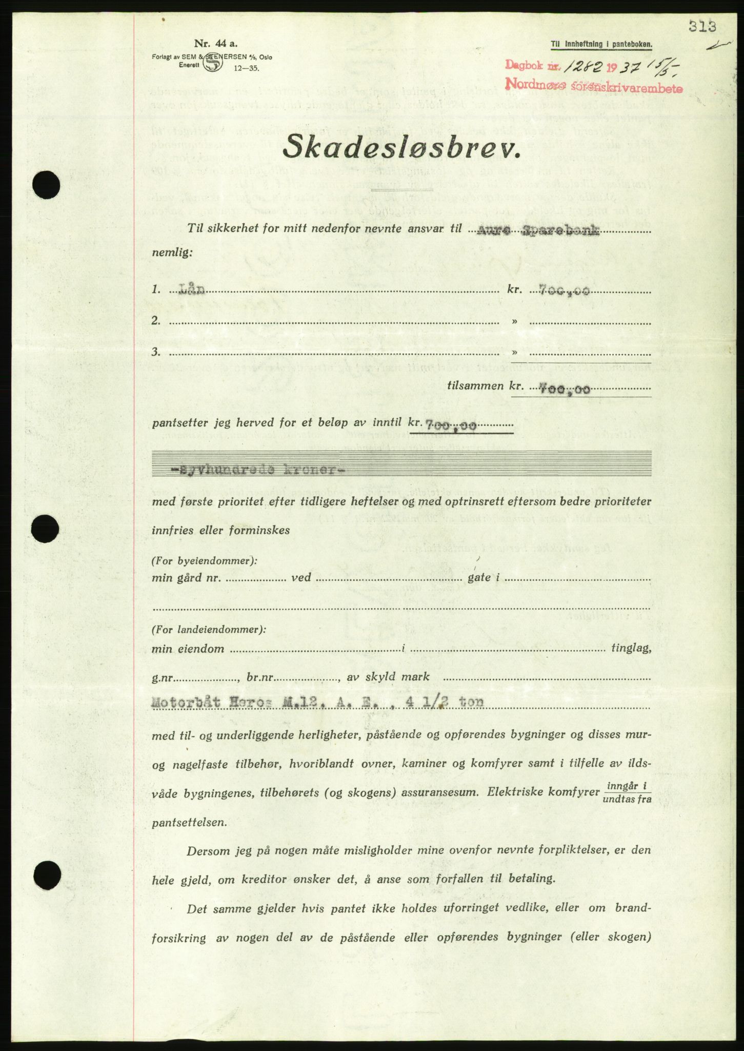 Nordmøre sorenskriveri, AV/SAT-A-4132/1/2/2Ca/L0091: Pantebok nr. B81, 1937-1937, Dagboknr: 1282/1937