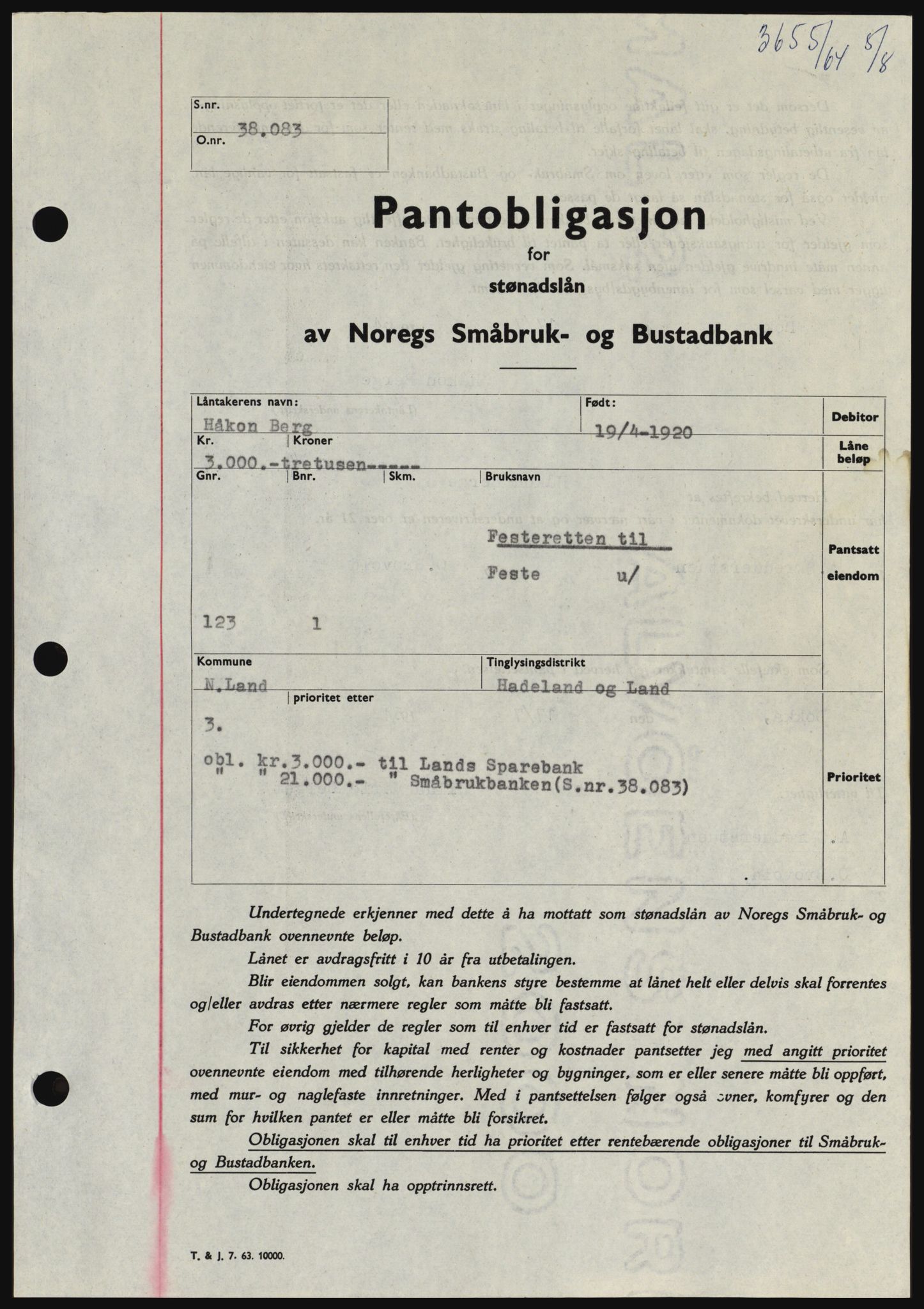 Hadeland og Land tingrett, SAH/TING-010/H/Hb/Hbc/L0055: Pantebok nr. B55, 1964-1964, Dagboknr: 3655/1964