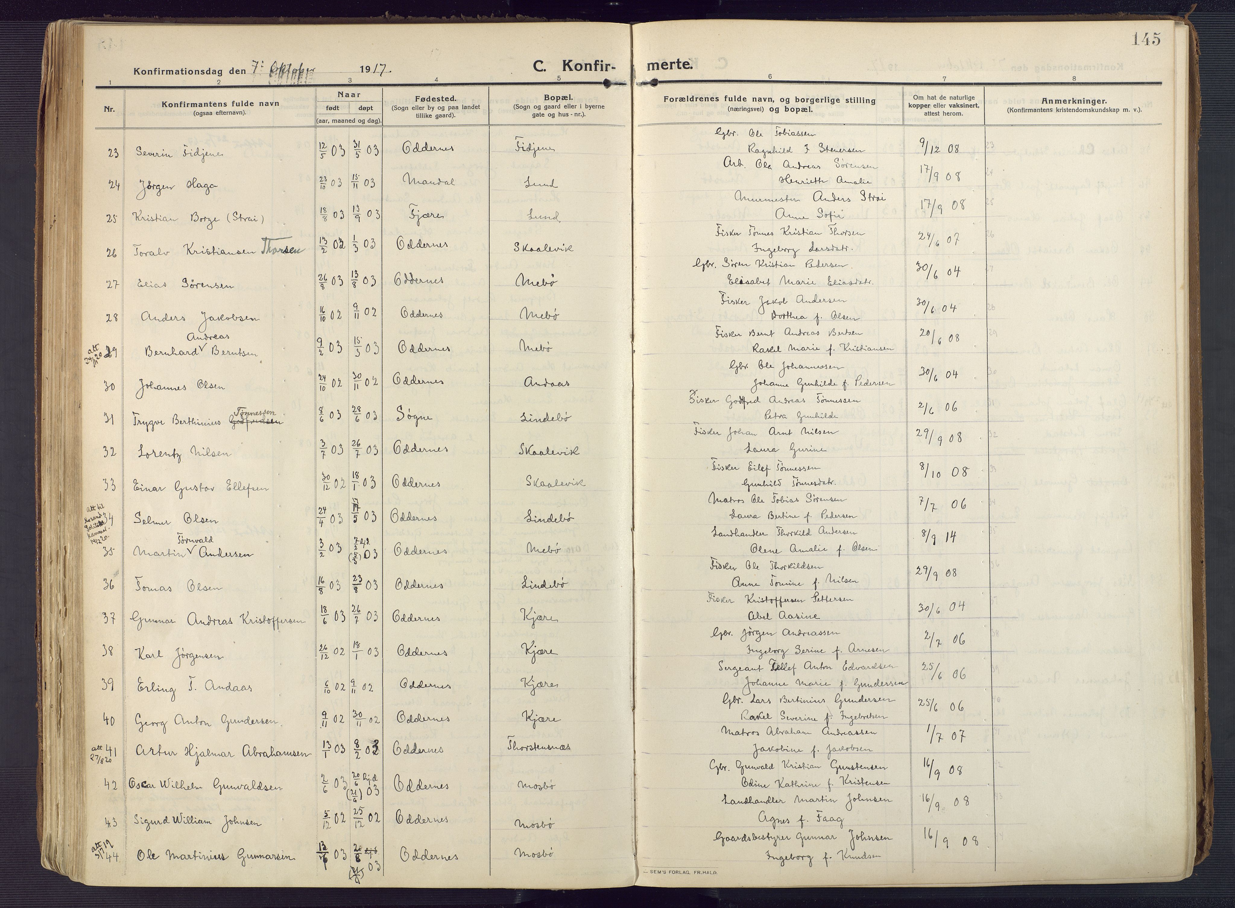 Oddernes sokneprestkontor, SAK/1111-0033/F/Fa/Faa/L0012: Ministerialbok nr. A 12, 1912-1925, s. 145