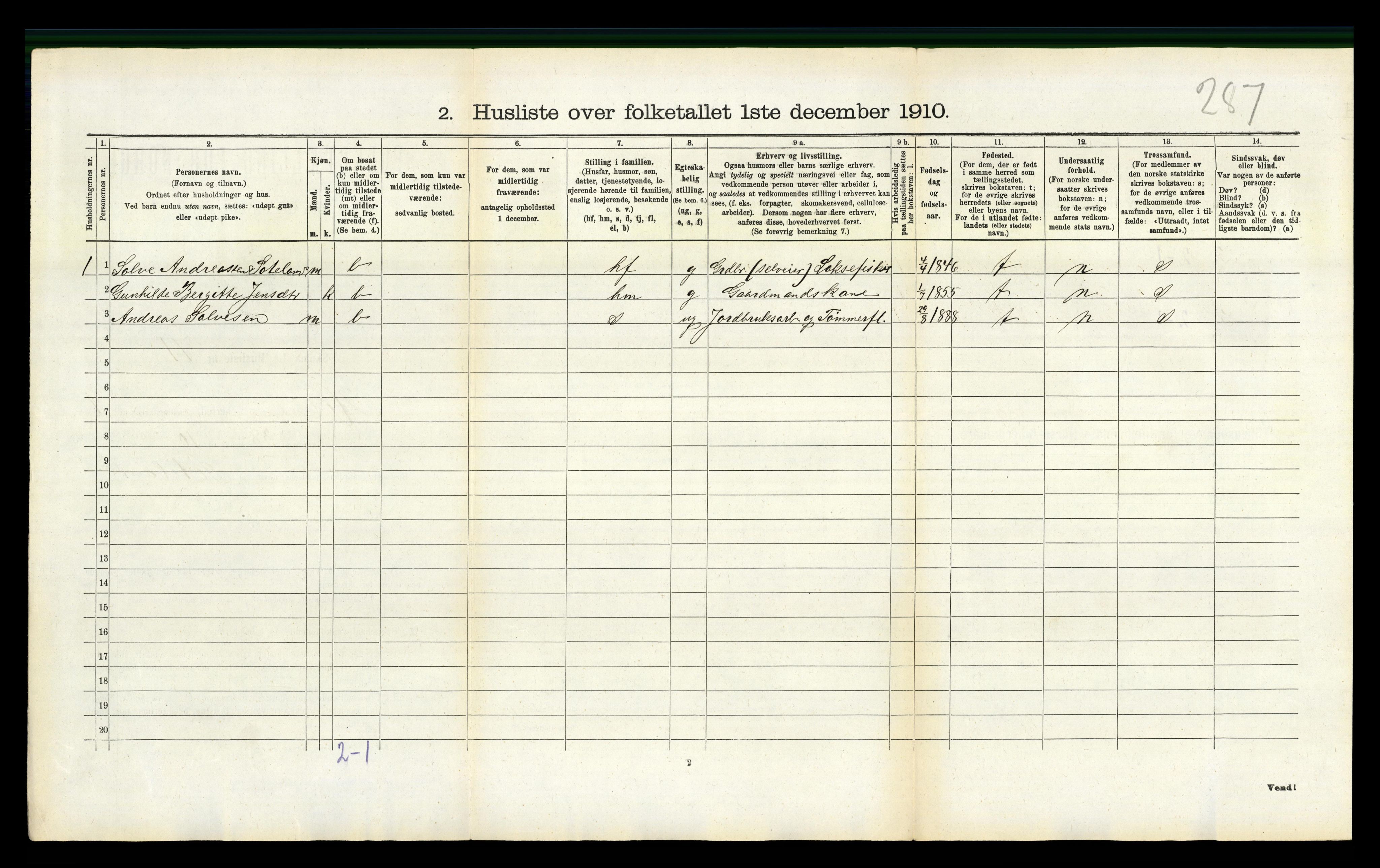 RA, Folketelling 1910 for 1020 Holum herred, 1910, s. 185