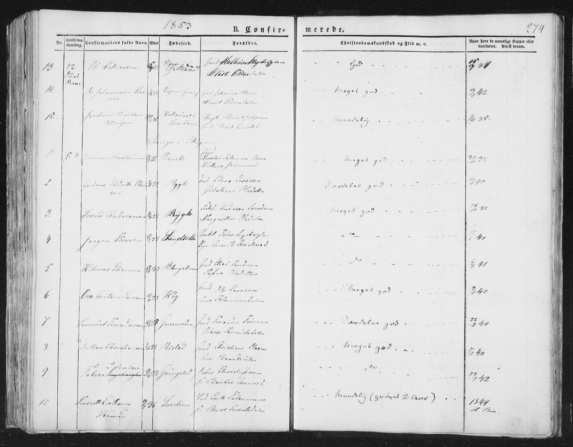 Ministerialprotokoller, klokkerbøker og fødselsregistre - Nord-Trøndelag, AV/SAT-A-1458/764/L0551: Ministerialbok nr. 764A07a, 1824-1864, s. 274