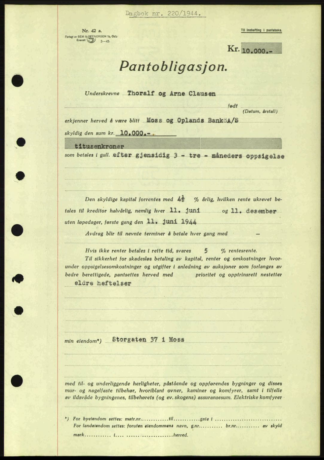 Moss sorenskriveri, SAO/A-10168: Pantebok nr. B13, 1943-1945, Dagboknr: 220/1944