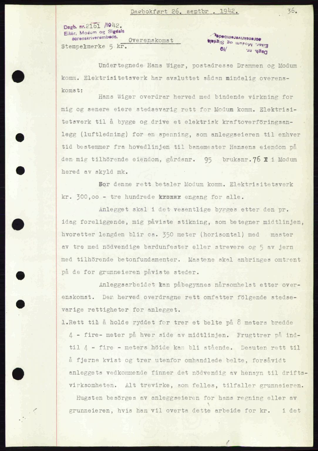 Eiker, Modum og Sigdal sorenskriveri, SAKO/A-123/G/Ga/Gab/L0047: Pantebok nr. A17, 1942-1943, Dagboknr: 2161/1942