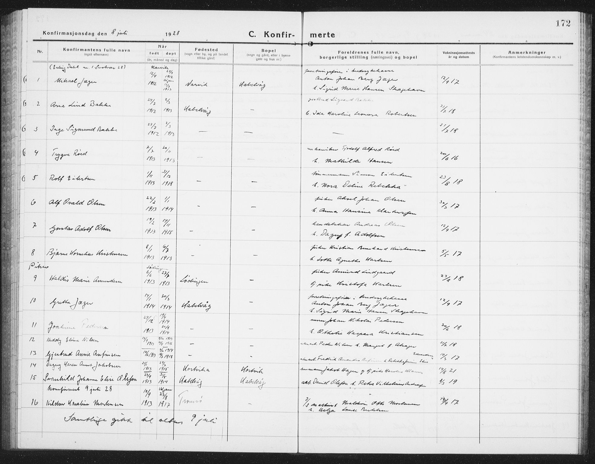 Ministerialprotokoller, klokkerbøker og fødselsregistre - Nordland, AV/SAT-A-1459/874/L1081: Klokkerbok nr. 874C10, 1925-1941, s. 172