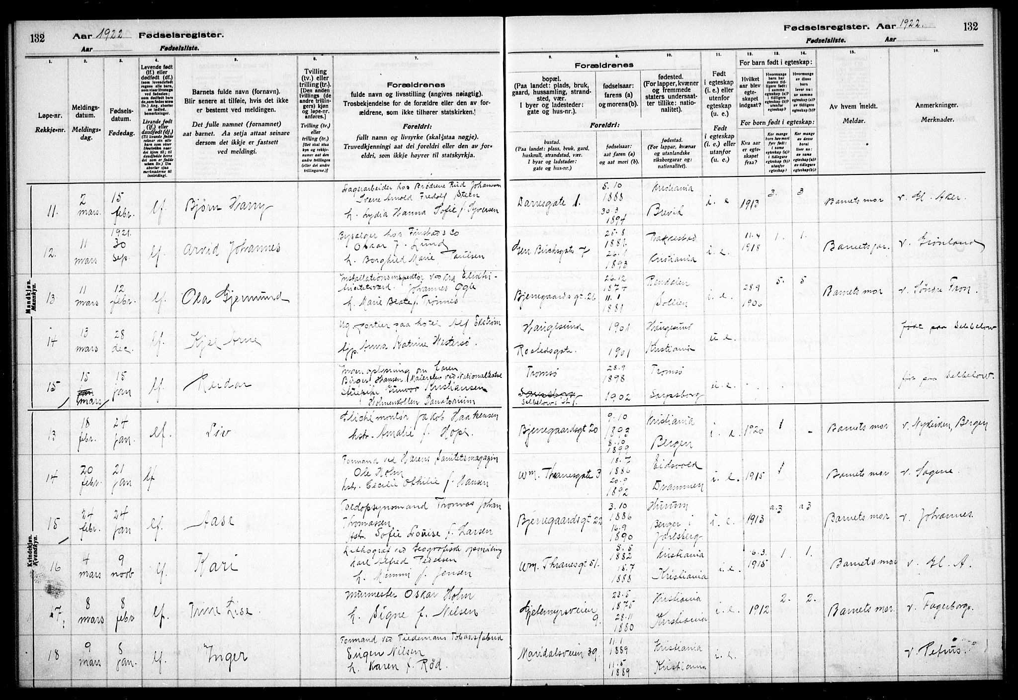 Gamle Aker prestekontor Kirkebøker, AV/SAO-A-10617a/J/L0001: Fødselsregister nr. 1, 1916-1927, s. 132