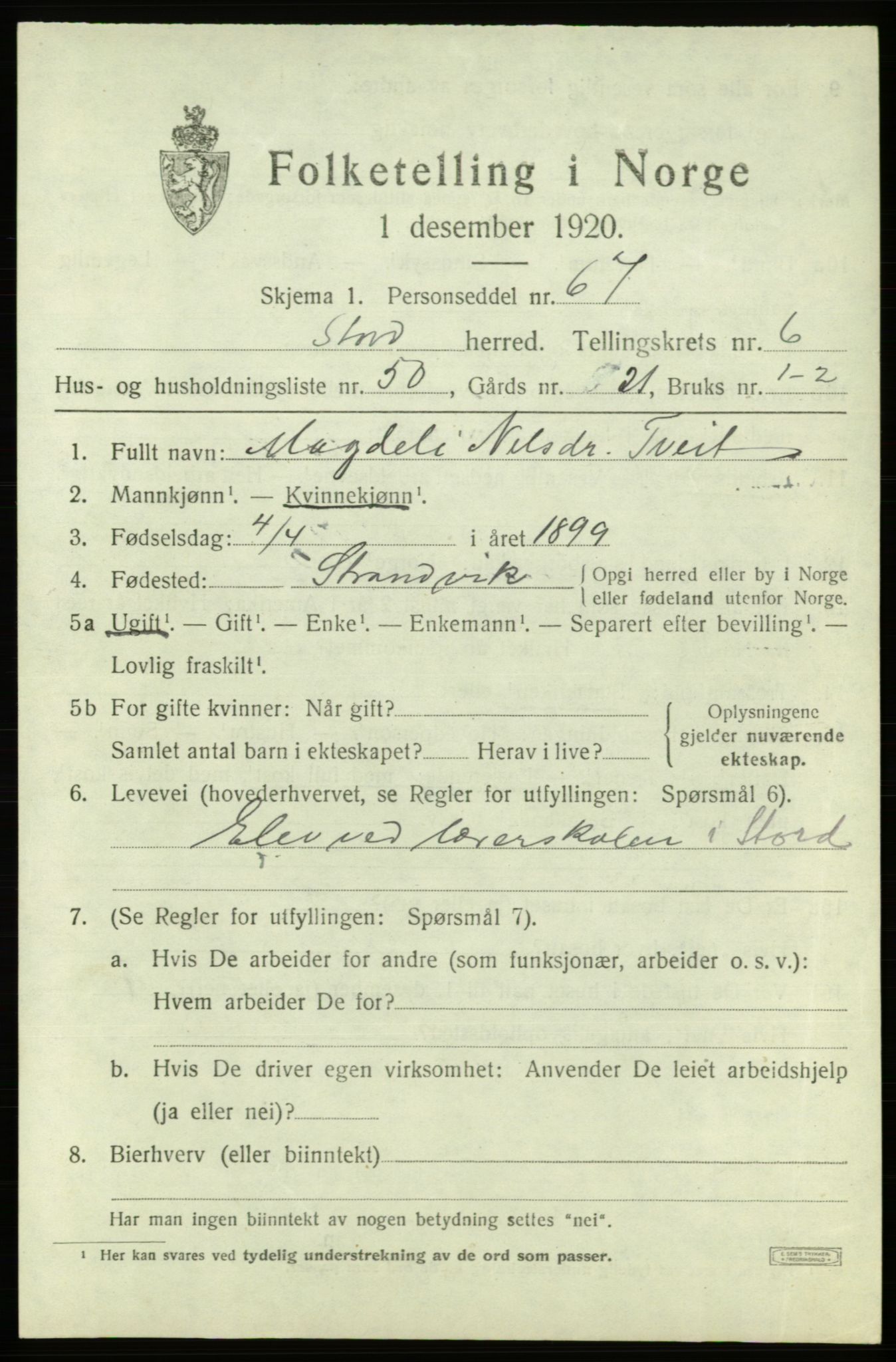 SAB, Folketelling 1920 for 1221 Stord herred, 1920, s. 3219