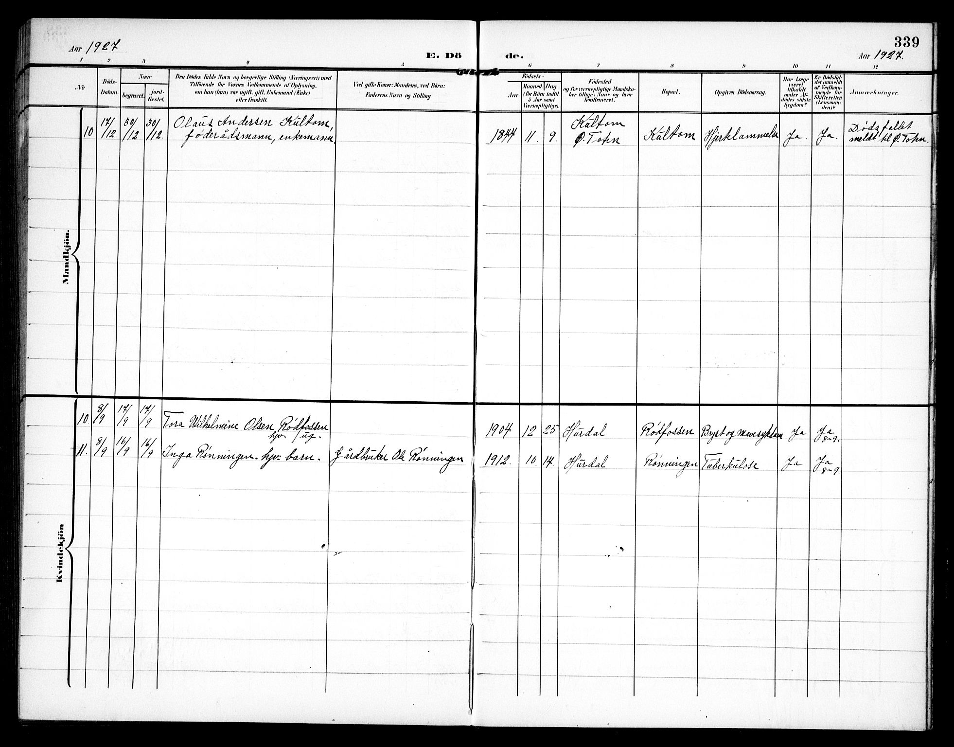 Hurdal prestekontor Kirkebøker, AV/SAO-A-10889/G/Ga/L0001: Klokkerbok nr. I 1, 1902-1934, s. 339