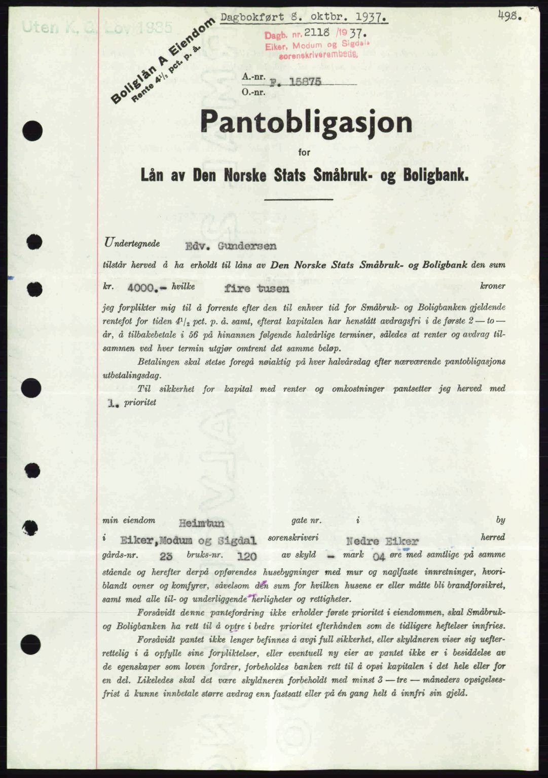 Eiker, Modum og Sigdal sorenskriveri, SAKO/A-123/G/Ga/Gab/L0036: Pantebok nr. A6, 1937-1937, Dagboknr: 2118/1937