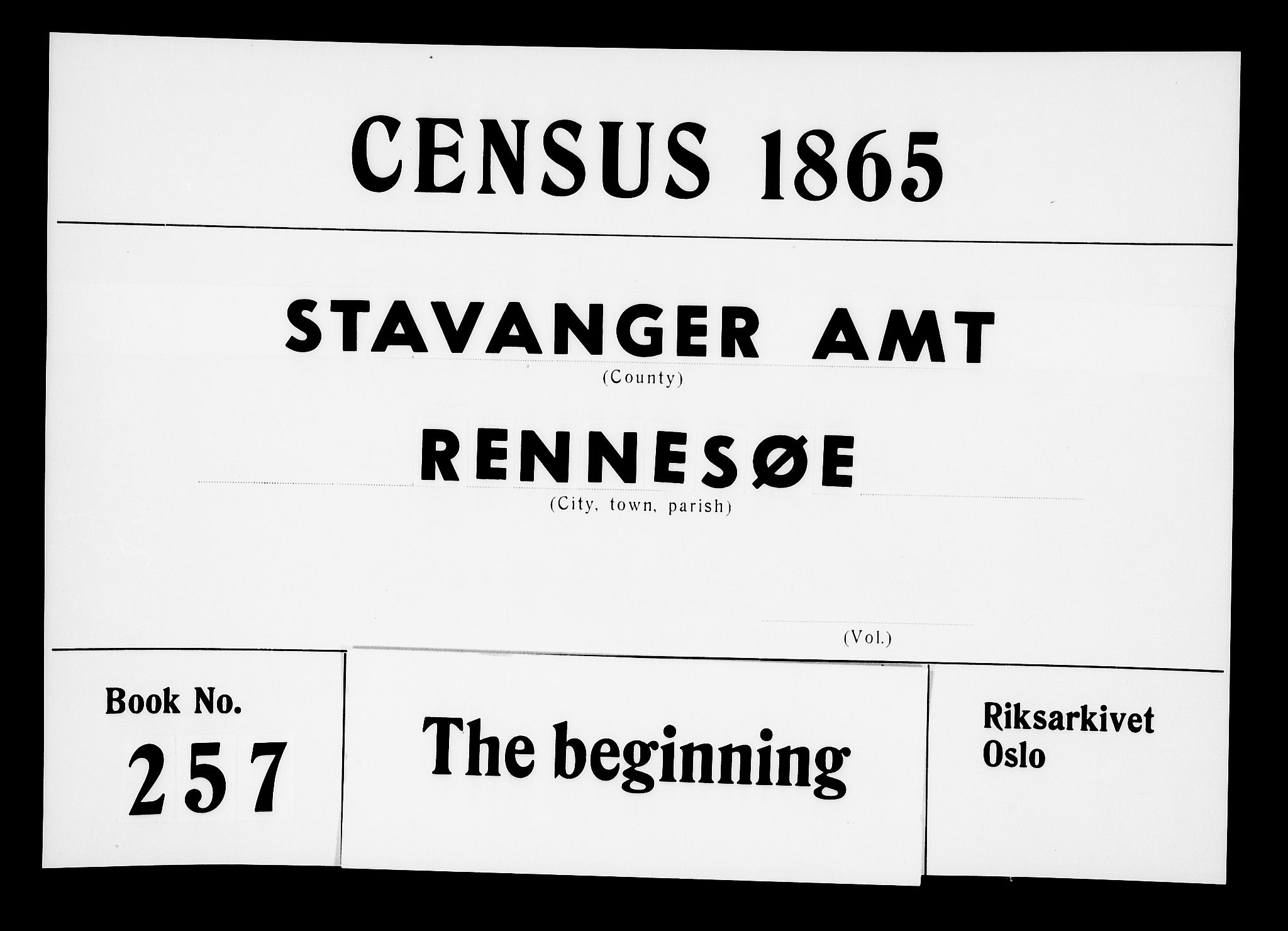 RA, Folketelling 1865 for 1142P Rennesøy prestegjeld, 1865, s. 1